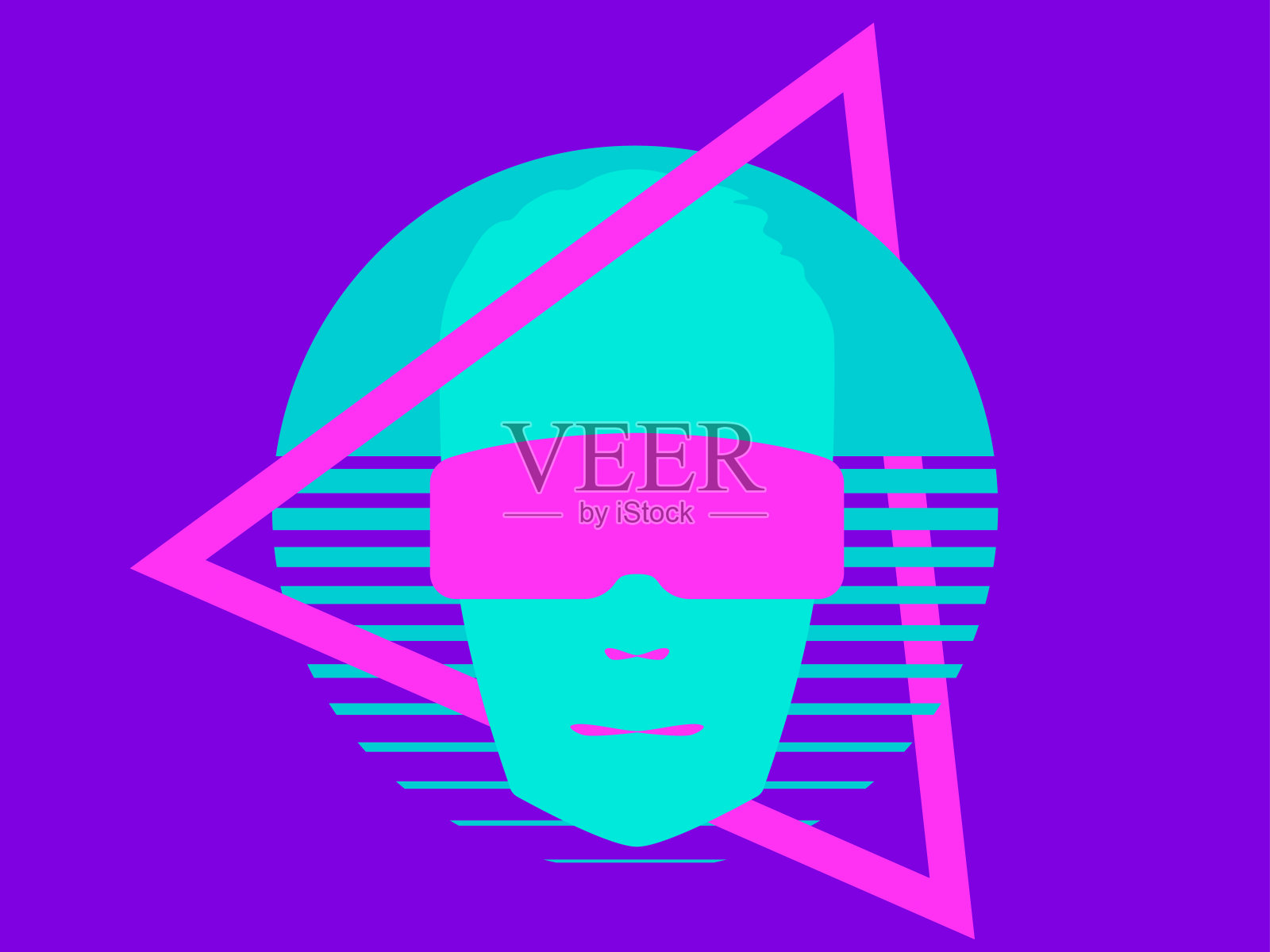 戴着虚拟现实眼镜，背景是80年代风格的复古未来主义太阳。VR头盔中的人脸。用虚拟现实眼镜进入超时空。矢量图插画图片素材