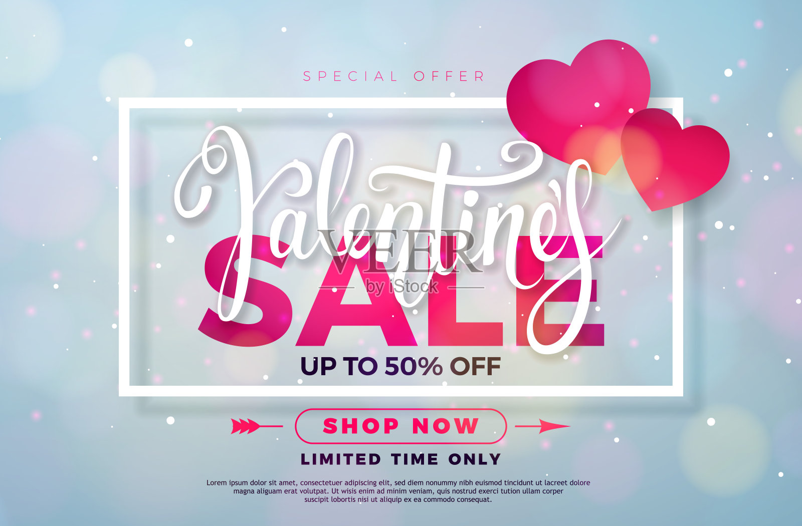 情人节促销设计与闪亮的浅蓝色背景上的红心。矢量特别提供插图的优惠券，横幅，优惠券或宣传海报。设计模板素材