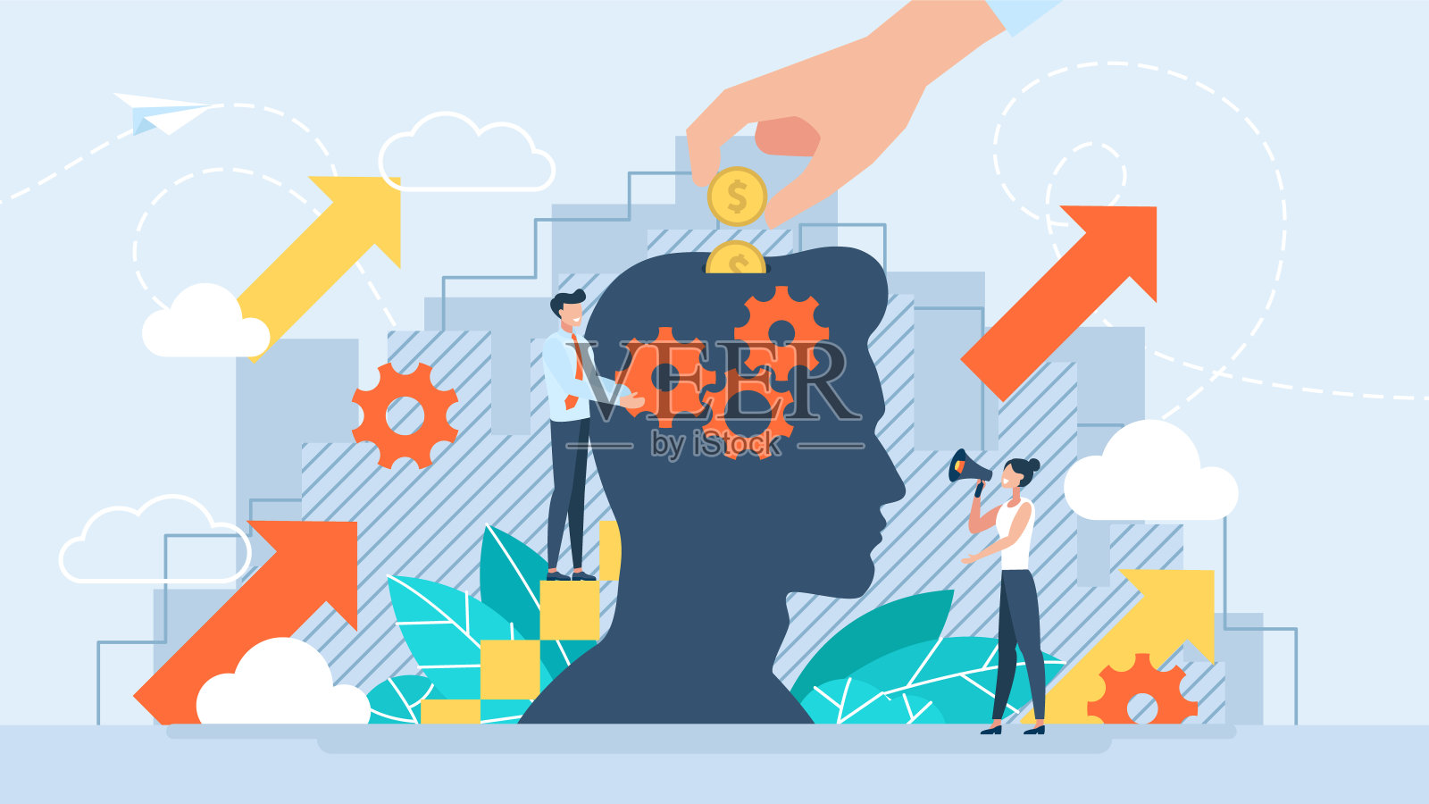 改善性能。对发展的贡献。比喻投资于一个人。投资于人的概念。通过培训提高知识水平。平坦的插图。向量。插画图片素材