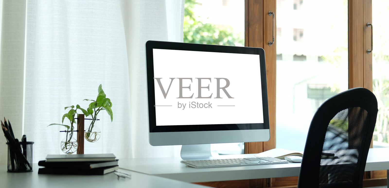 舒适的工作环境，有电脑，室内植物书籍和办公用品。空白屏幕为您的广告文本。照片摄影图片