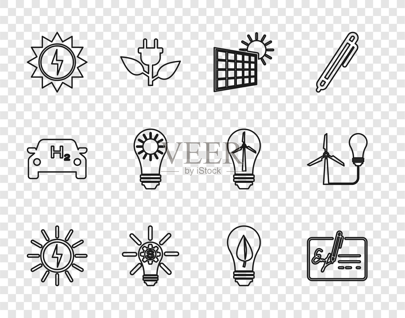 设置线太阳能电池板，签署文件，太阳，灯泡齿轮，叶片和风力涡轮机图标。向量图标素材