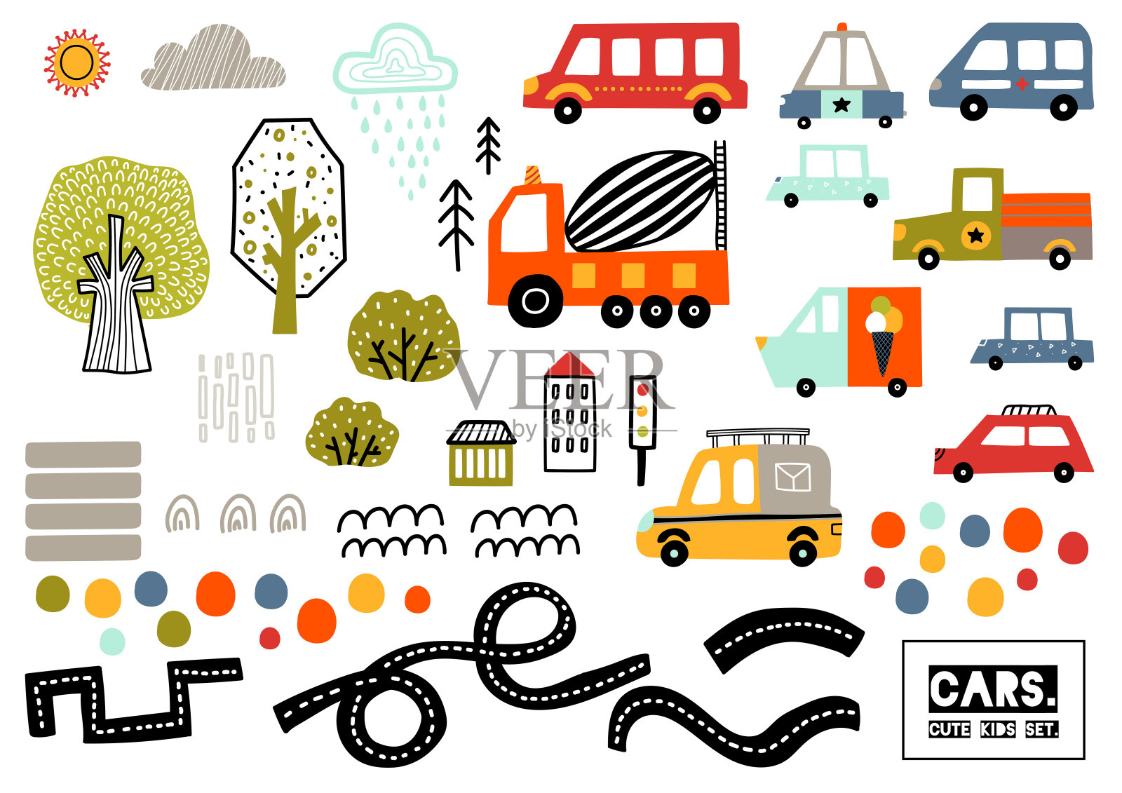 可爱的孩子和白色背景的汽车。插画图片素材