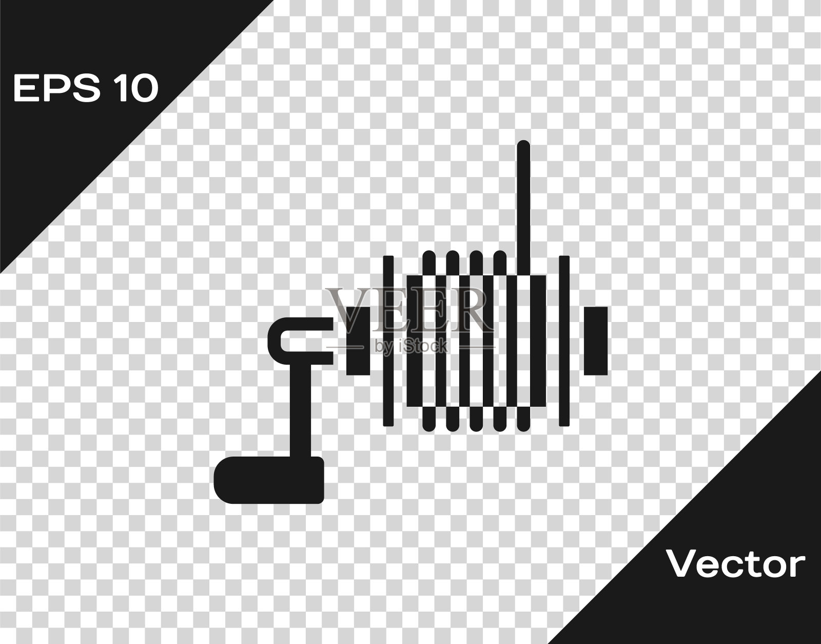 黑色纺纱机卷轴钓鱼图标孤立在透明的背景。钓鱼线圈。渔具。向量插画图片素材