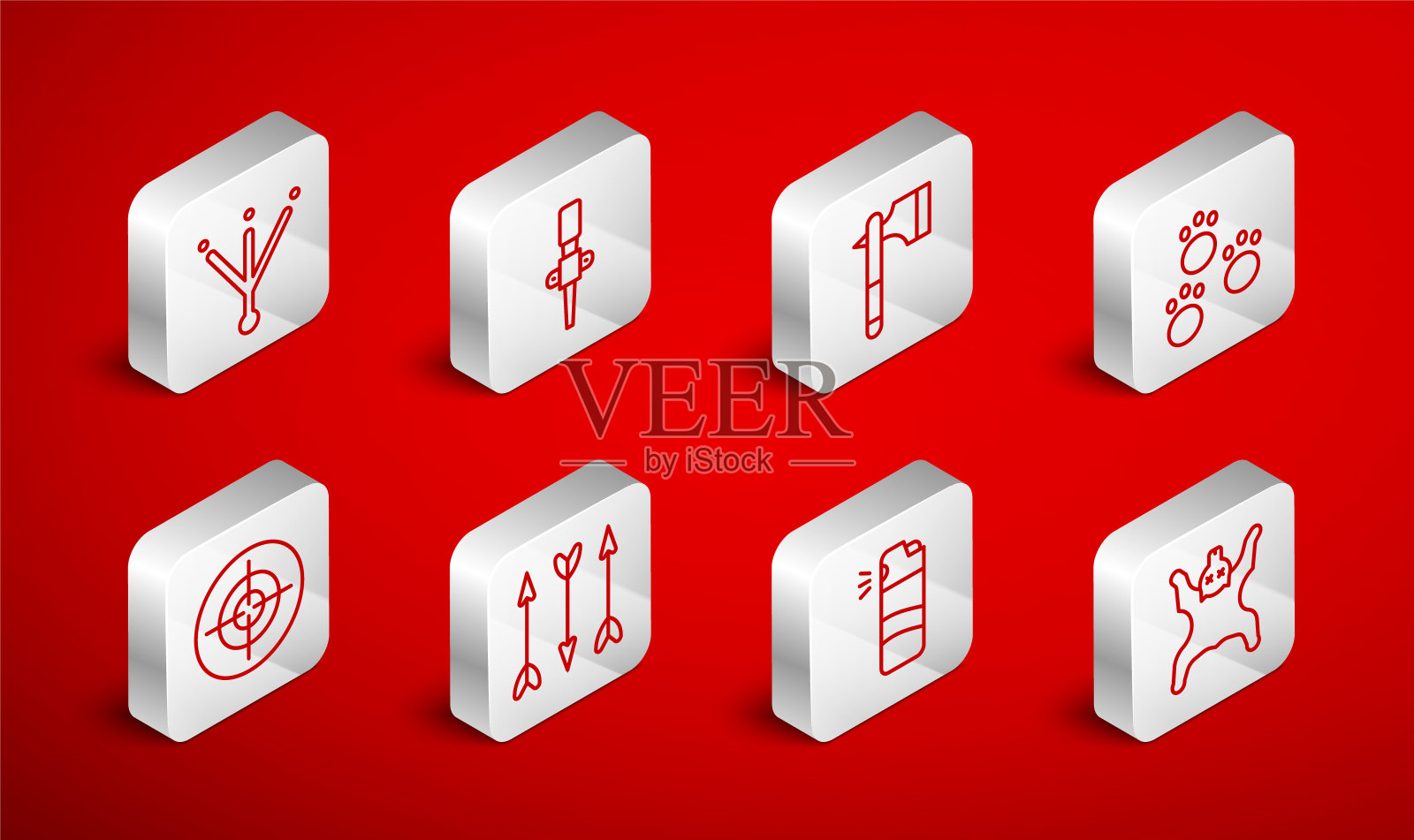 设置线熊皮肤，火炬火焰，木斧，爪印，胡椒喷雾，鸟脚印，潮人箭头和目标运动图标。向量图标素材