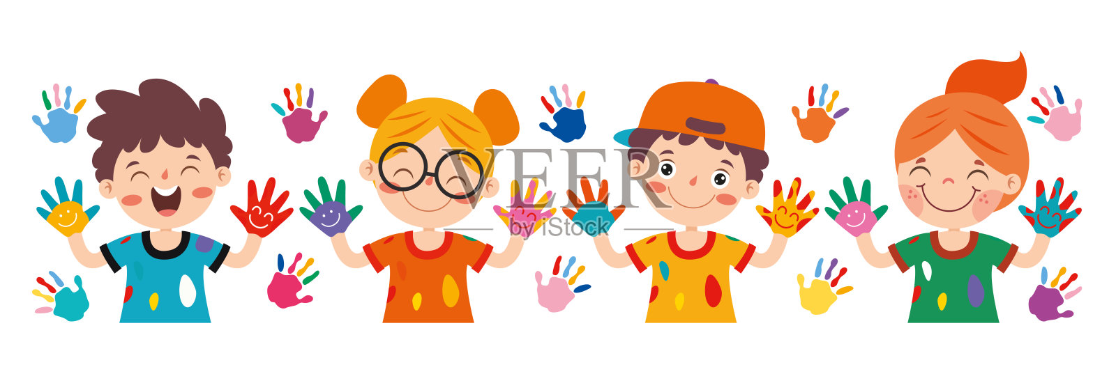 孩子们彩色的彩绘手插画图片素材