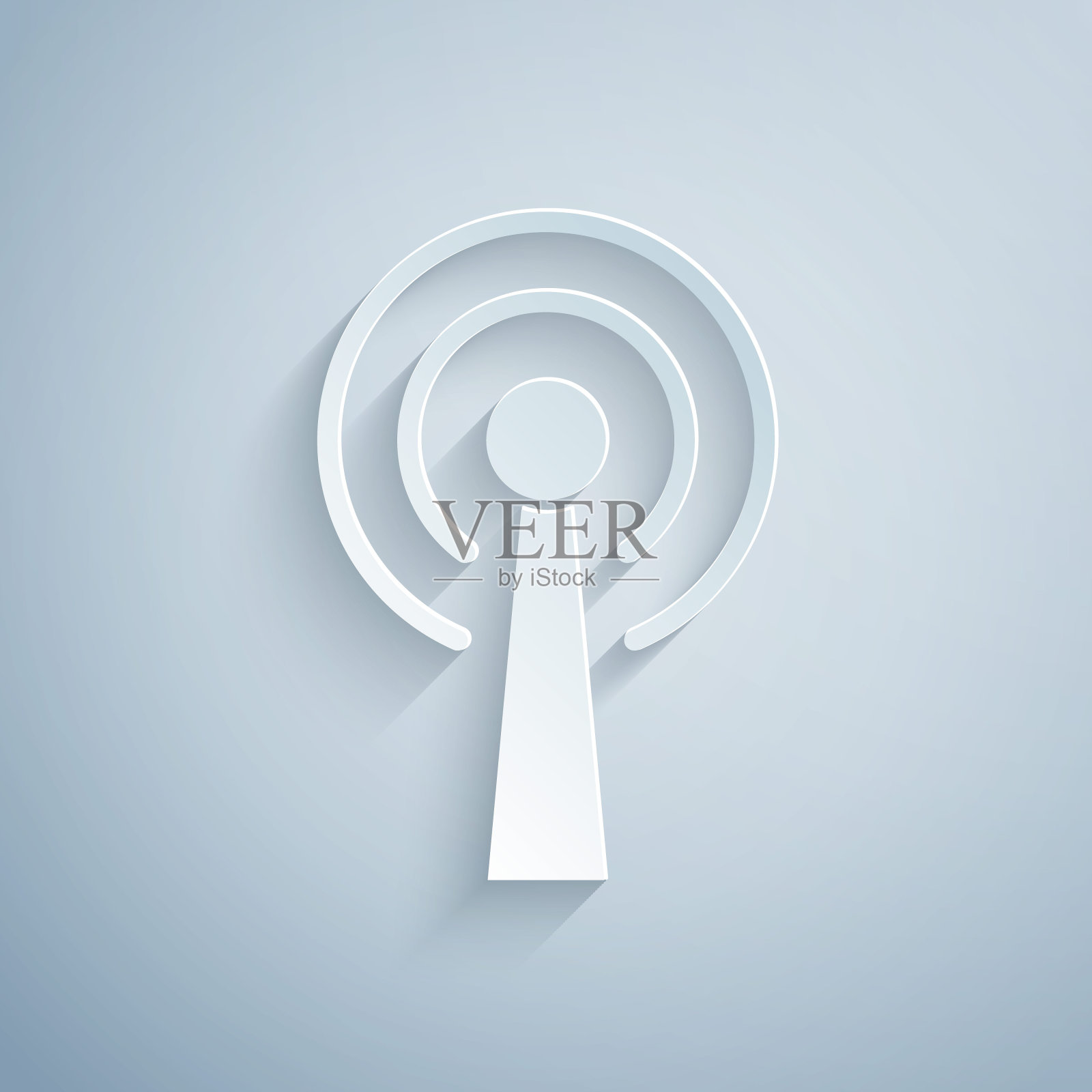 剪纸天线图标孤立在灰色背景上。无线电天线无线。技术与网络信号无线电天线。纸艺术风格。向量图标素材