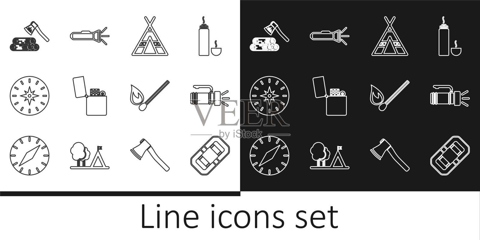 设置线漂流船，手电筒，旅游帐篷，打火机，指南针，木斧和木材，燃烧火柴与火和图标。向量图标素材