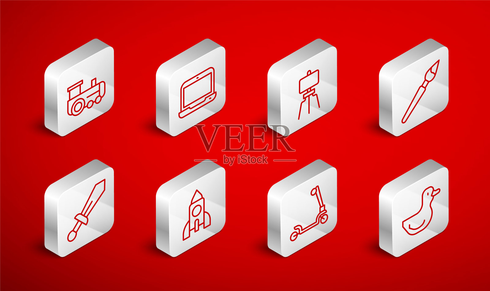 设置线橡皮鸭，笔记本电脑，木画架，油漆刷，轮式滑板车，玩具火车，火箭船玩具和剑图标。向量插画图片素材