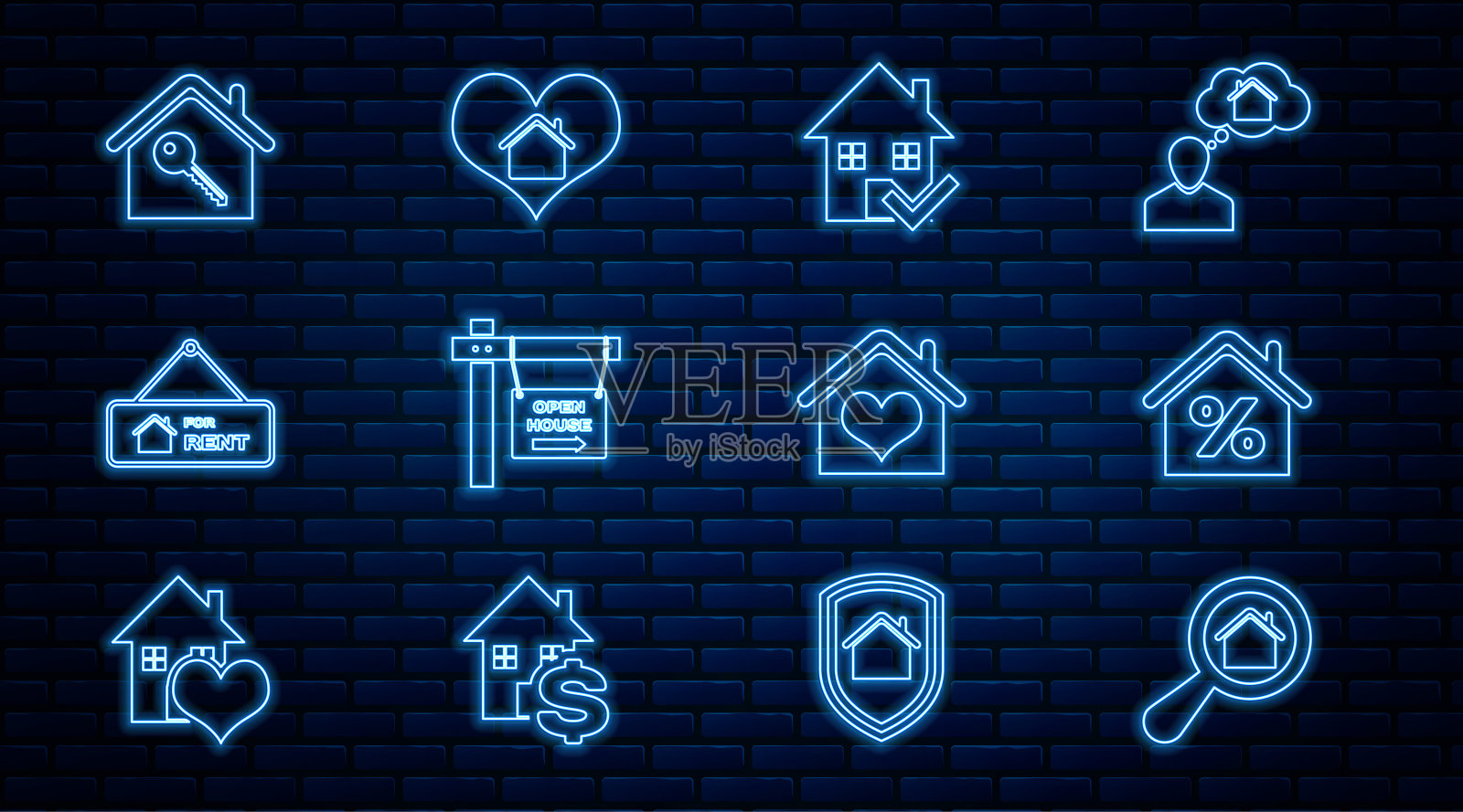 设置行搜索房子，房屋与percant，检查标记，悬挂标志开放，出租，钥匙，心形和图标。向量图标素材