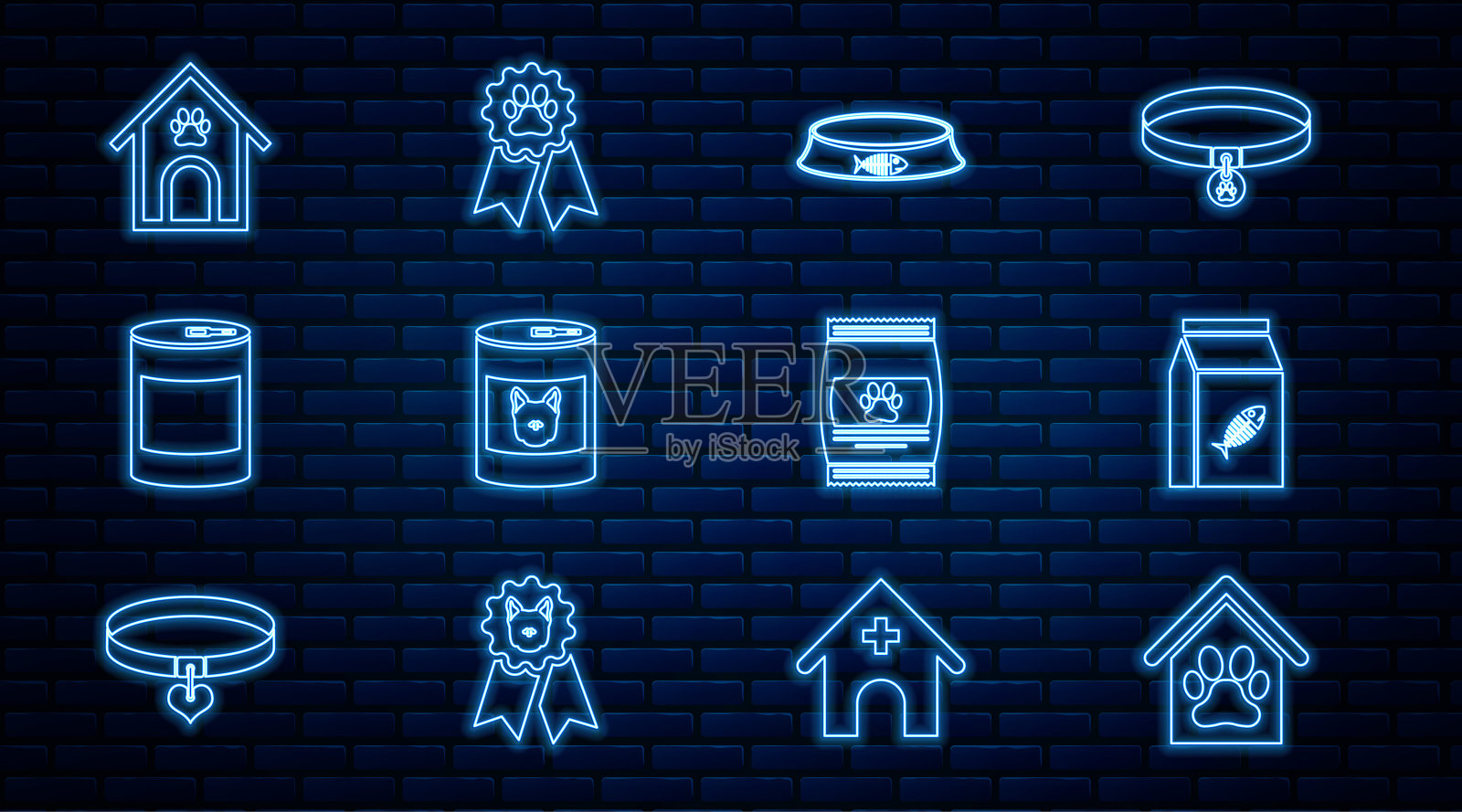 集狗屋、宠物爪印、猫粮袋、宠物碗、狗罐头、奖品图标于一体。向量图标素材