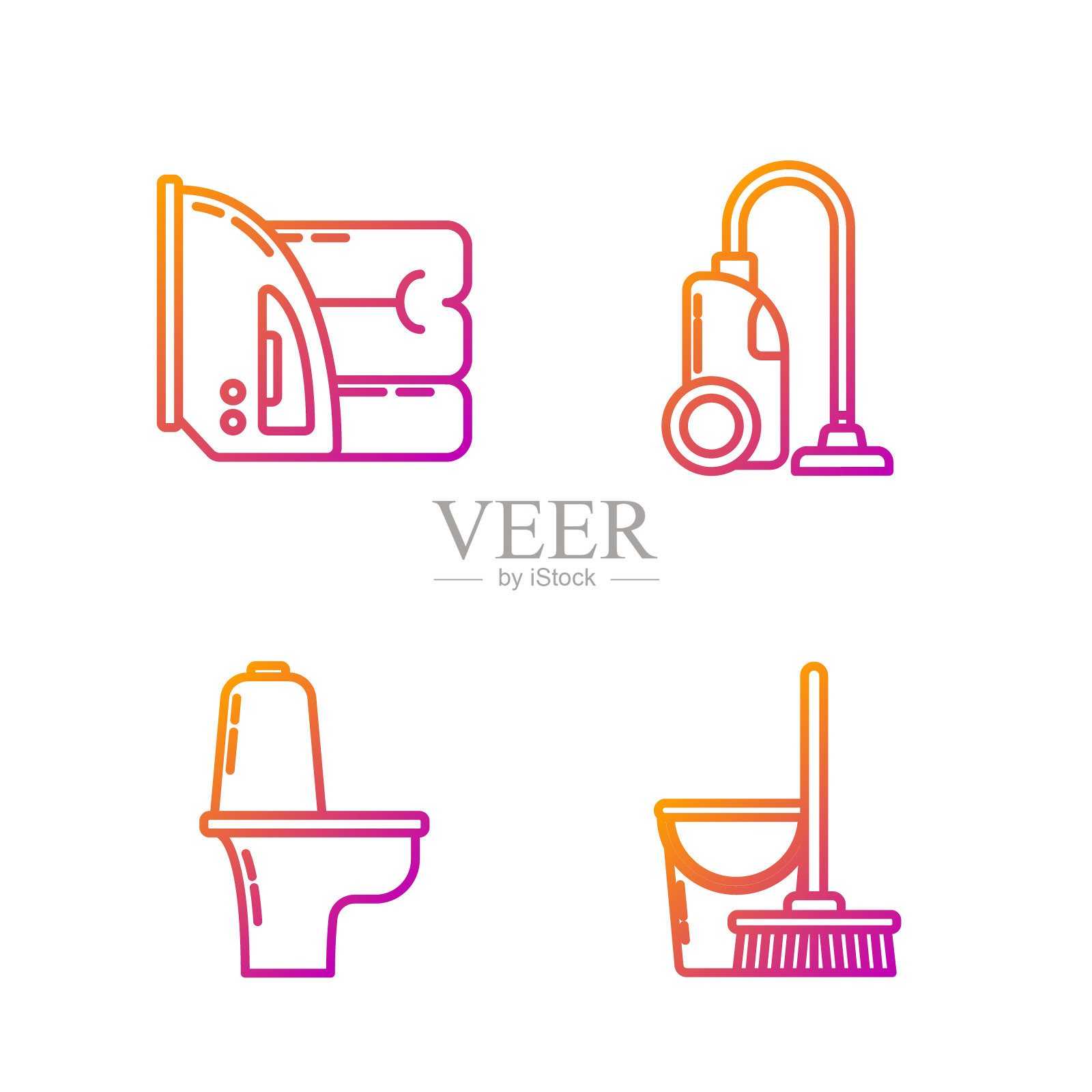 配备拖把、水桶、抽水马桶、电熨斗、毛巾、吸尘器。渐变颜色图标。向量图标素材