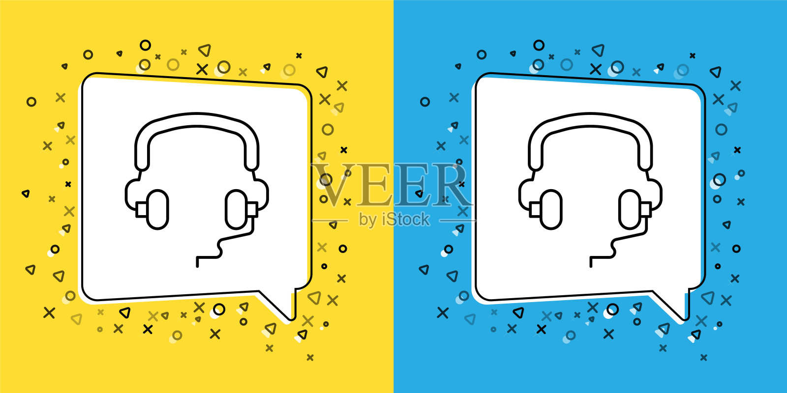 设置线路耳机图标孤立在黄色和蓝色背景。耳机。概念听音乐，服务，沟通和运营商。向量插画图片素材