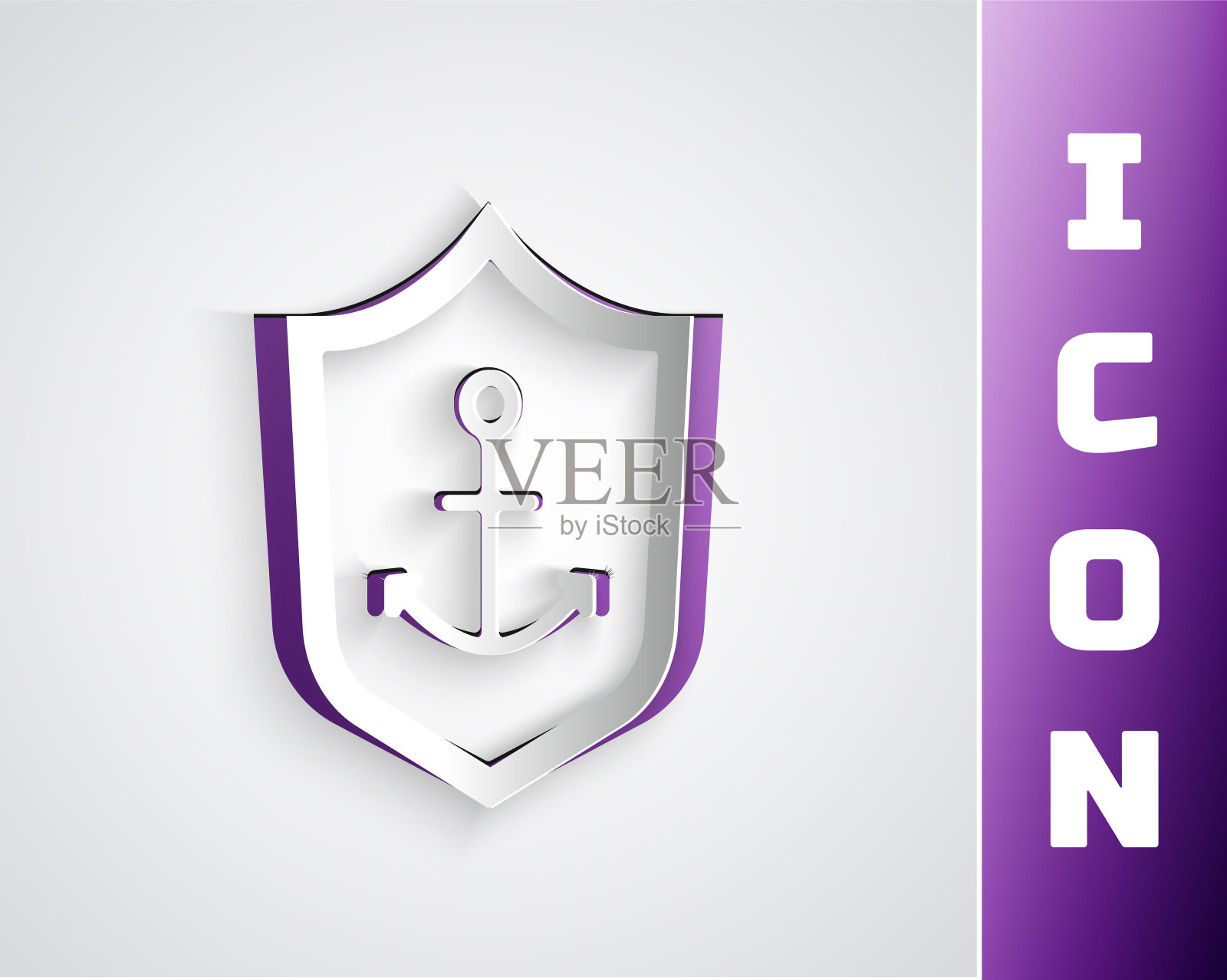 剪纸锚内盾图标孤立在灰色背景。纸艺术风格。向量插画图片素材