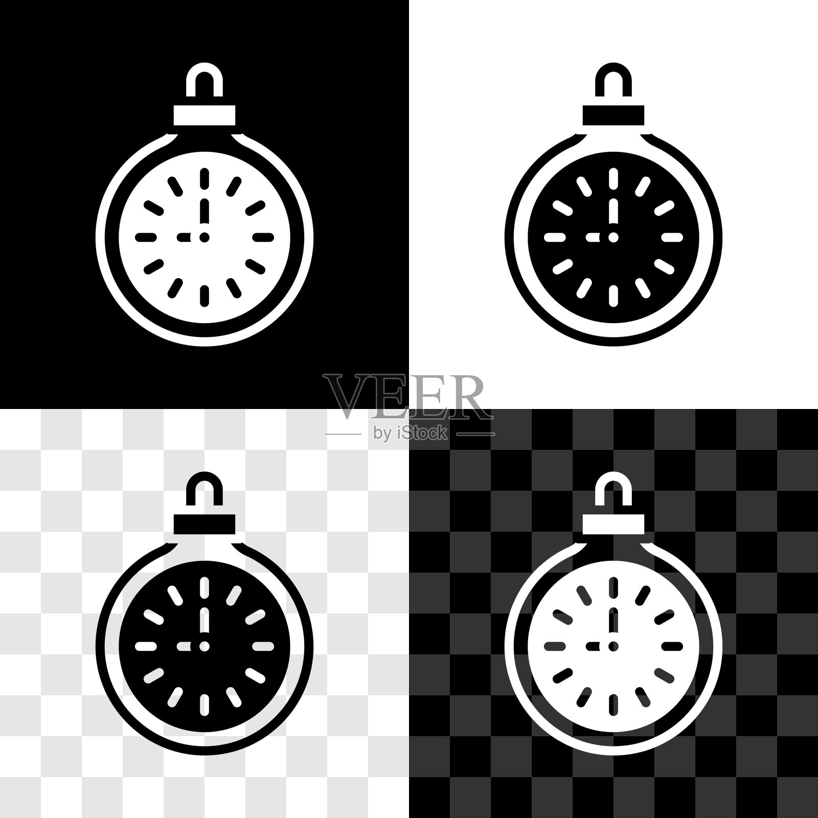 设置怀表图标孤立在黑色和白色，透明的背景。向量插画图片素材