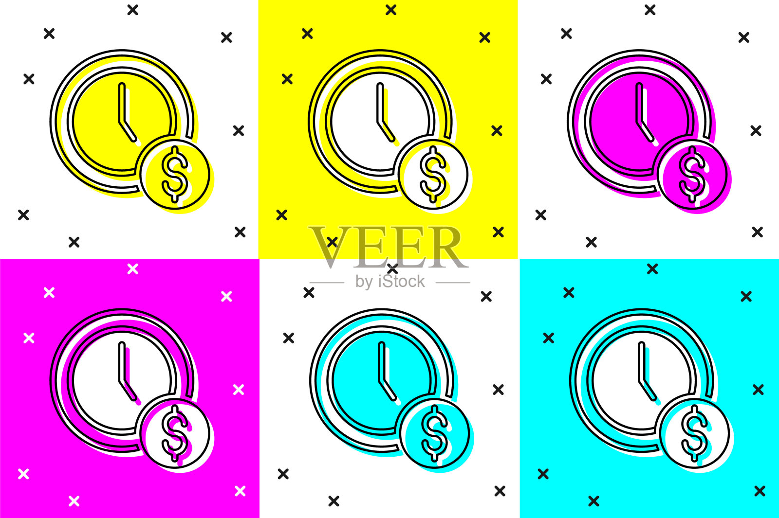 设置时间是在颜色背景上隔离的金钱图标。金钱是时间。有效的时间管理。把时间变成金钱。向量插画图片素材