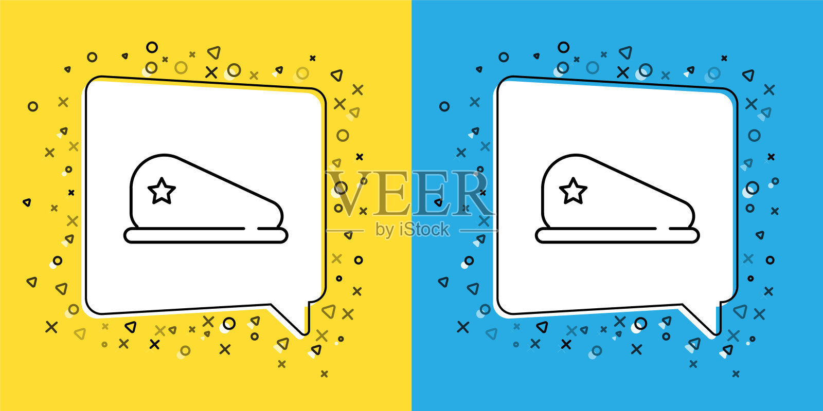 设置线军事贝雷帽图标孤立在黄色和蓝色背景。士兵帽，军帽。baret战争。向量插画图片素材