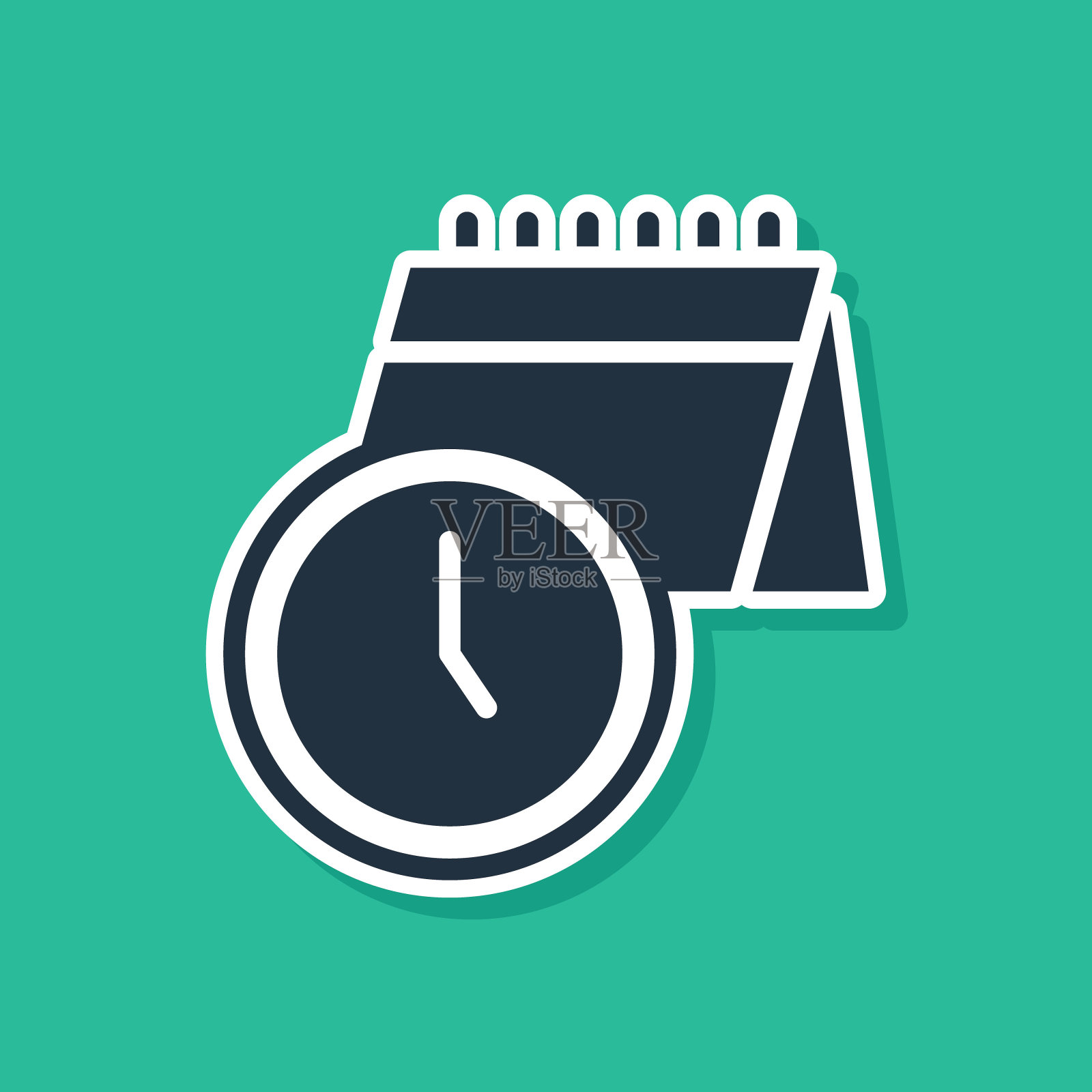 蓝色日历和时钟图标孤立在绿色背景。计划，预约，组织者，时间表，时间管理。向量插画图片素材