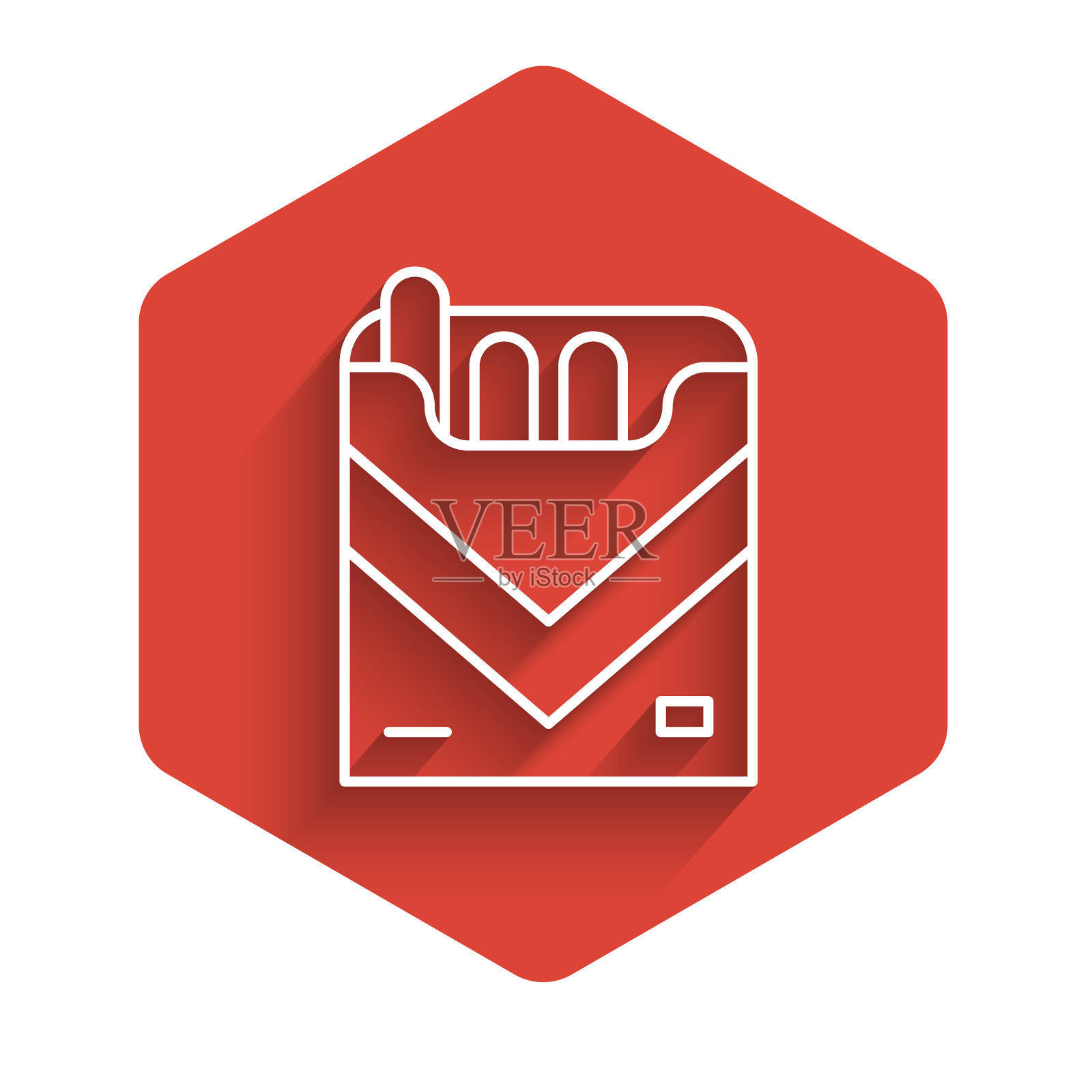 白线香烟包装盒图标孤立与长影子。香烟包装。红色的六角按钮。向量图标素材