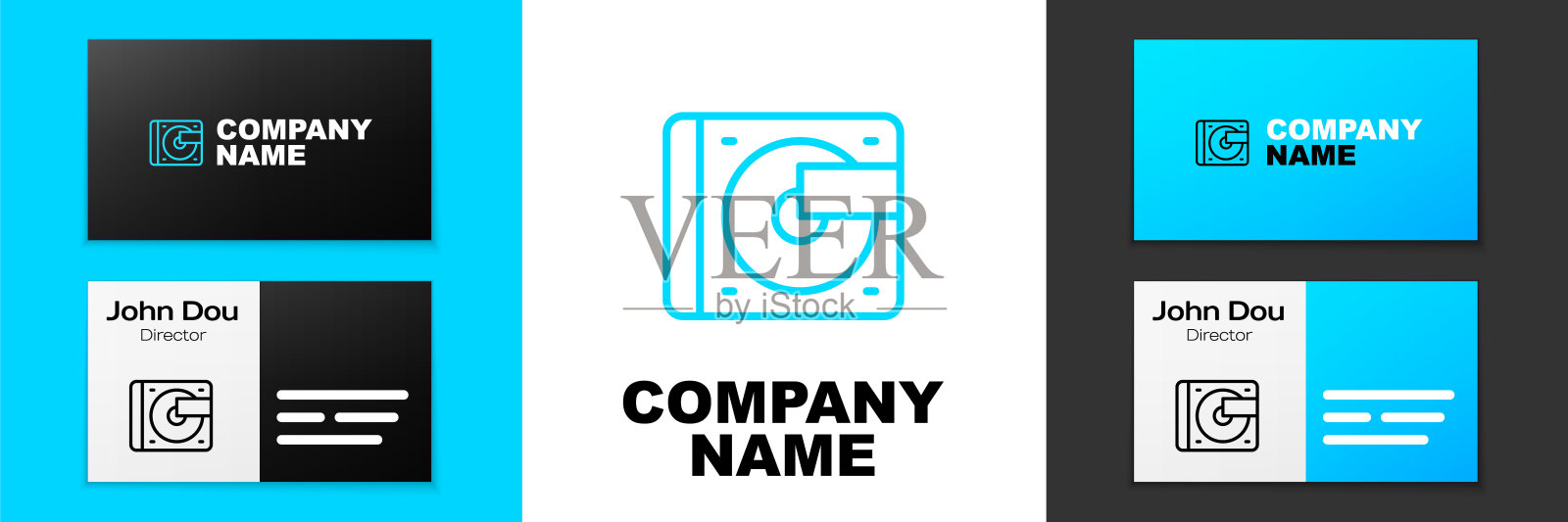 蓝线黑胶播放器与黑胶盘图标孤立在白色背景上。Logo设计模板元素。向量插画图片素材