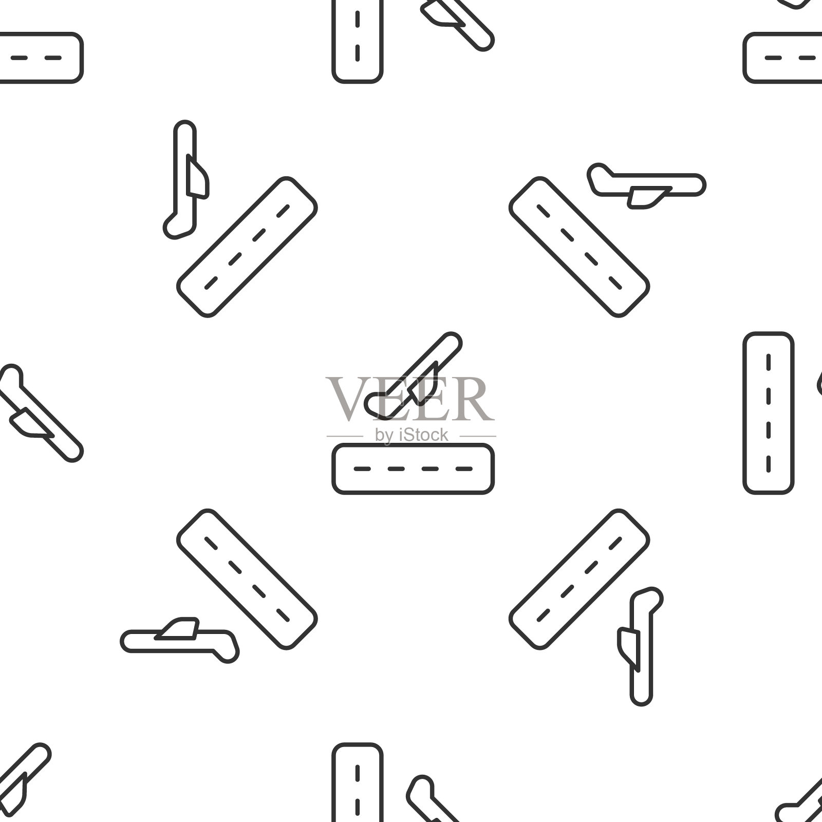 灰色线飞机起飞图标孤立无缝模式上的白色背景。飞机运输的象征。向量插画图片素材