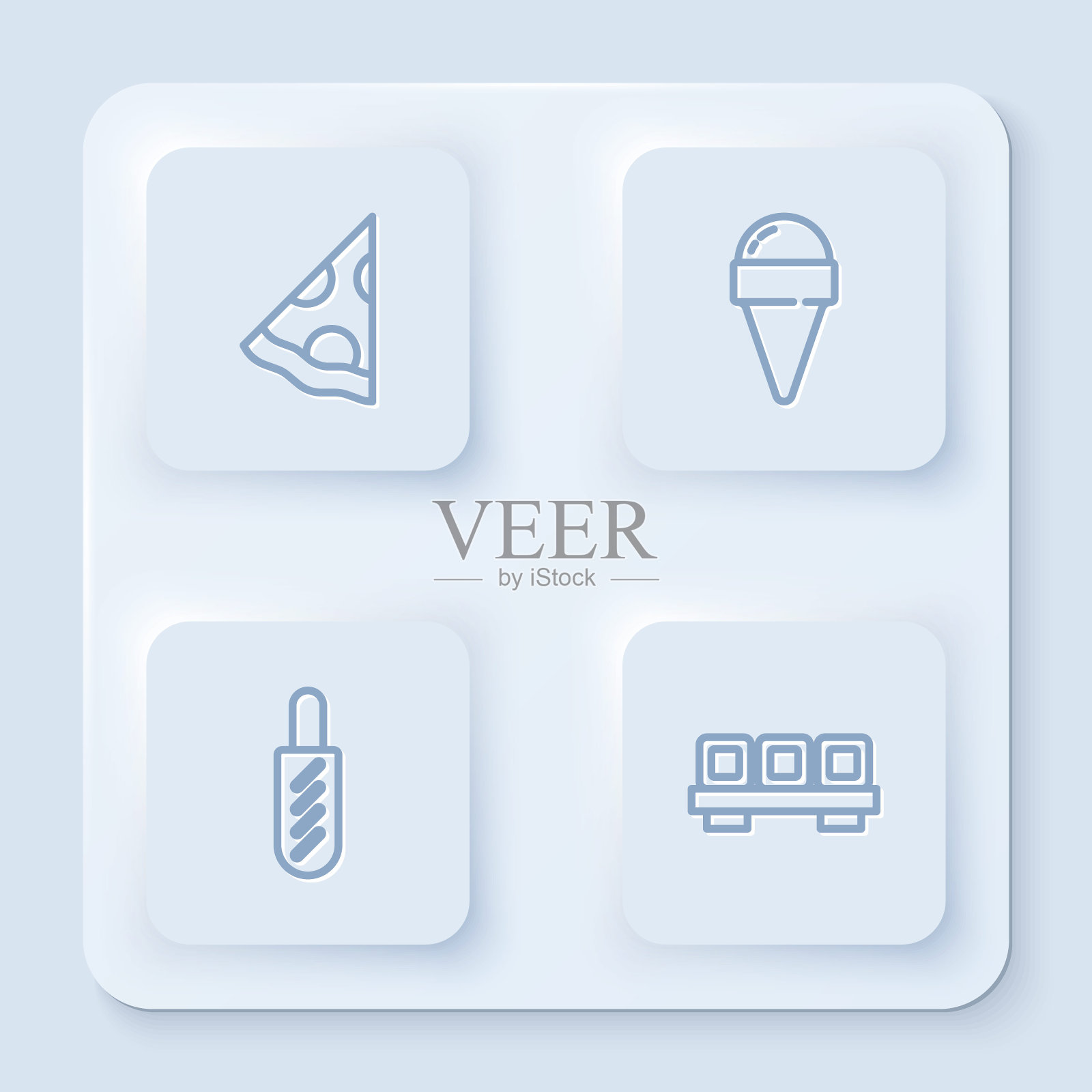 披萨片，华夫筒冰淇淋，热狗三明治，寿司切板。白色正方形按钮。向量插画图片素材