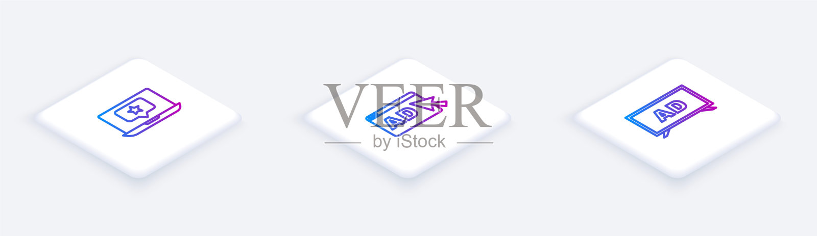 设置等距线笔记本电脑与明星，广告和。白色正方形按钮。向量插画图片素材