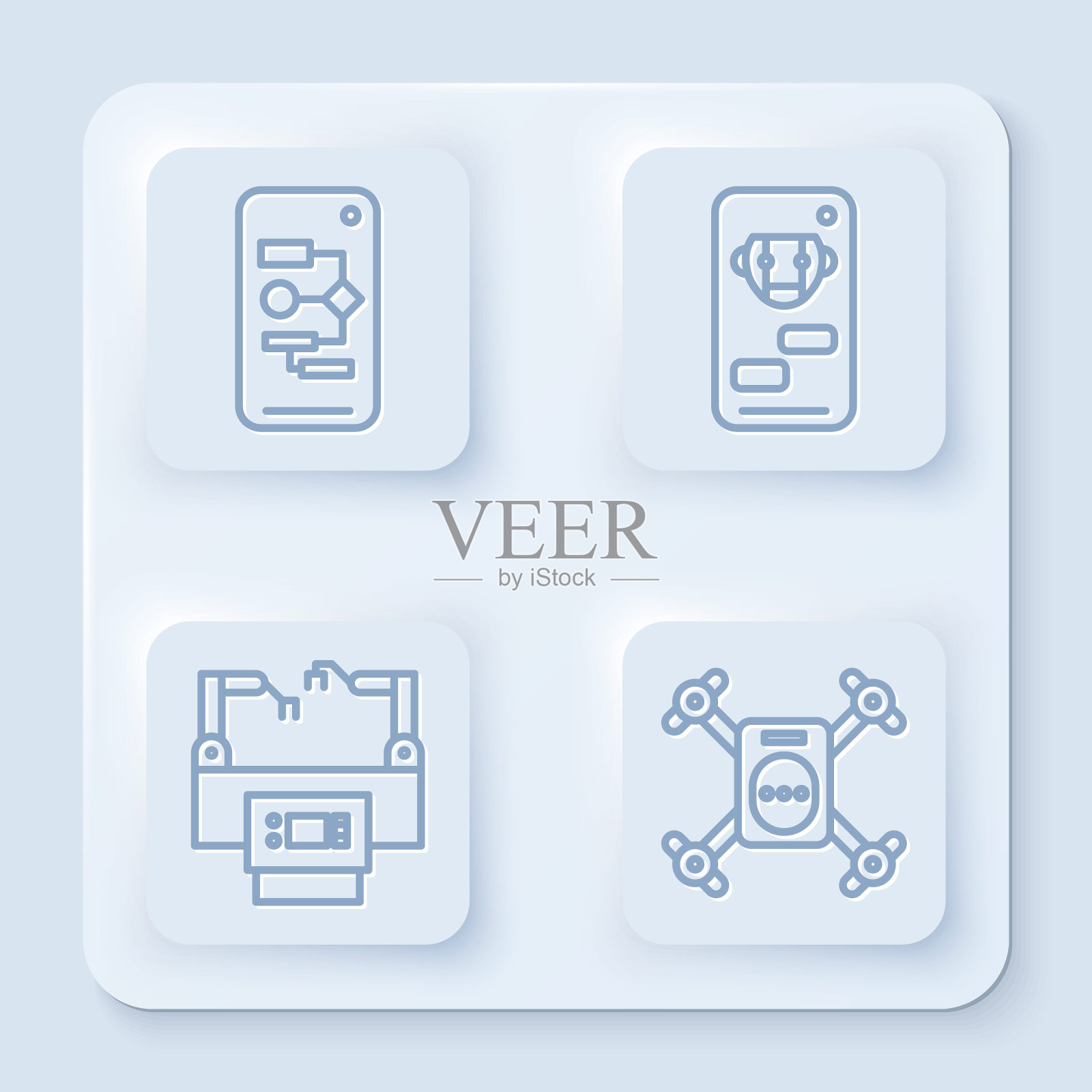 设置线算法，机器人，装配线和无人机飞行与行动相机。白色正方形按钮。向量插画图片素材
