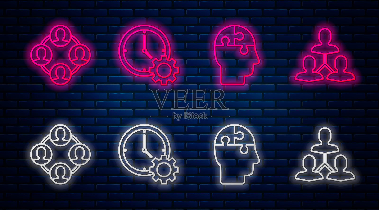 设置线上时间管理，人头拼图策略，项目团队基地和项目团队基地。砖墙上闪烁的霓虹灯图标。向量图标素材