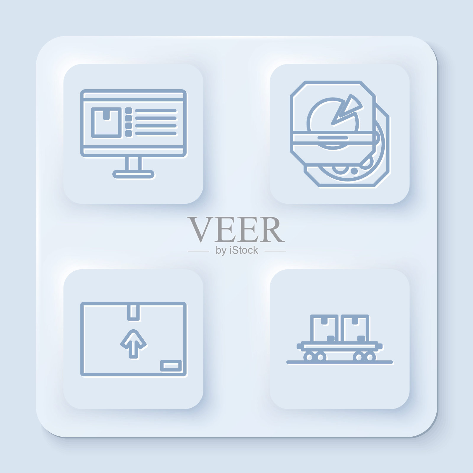 电脑显示器与应用程序递送跟踪，披萨在纸盒，纸盒交通标志和铁路车厢。白色正方形按钮。向量图标素材