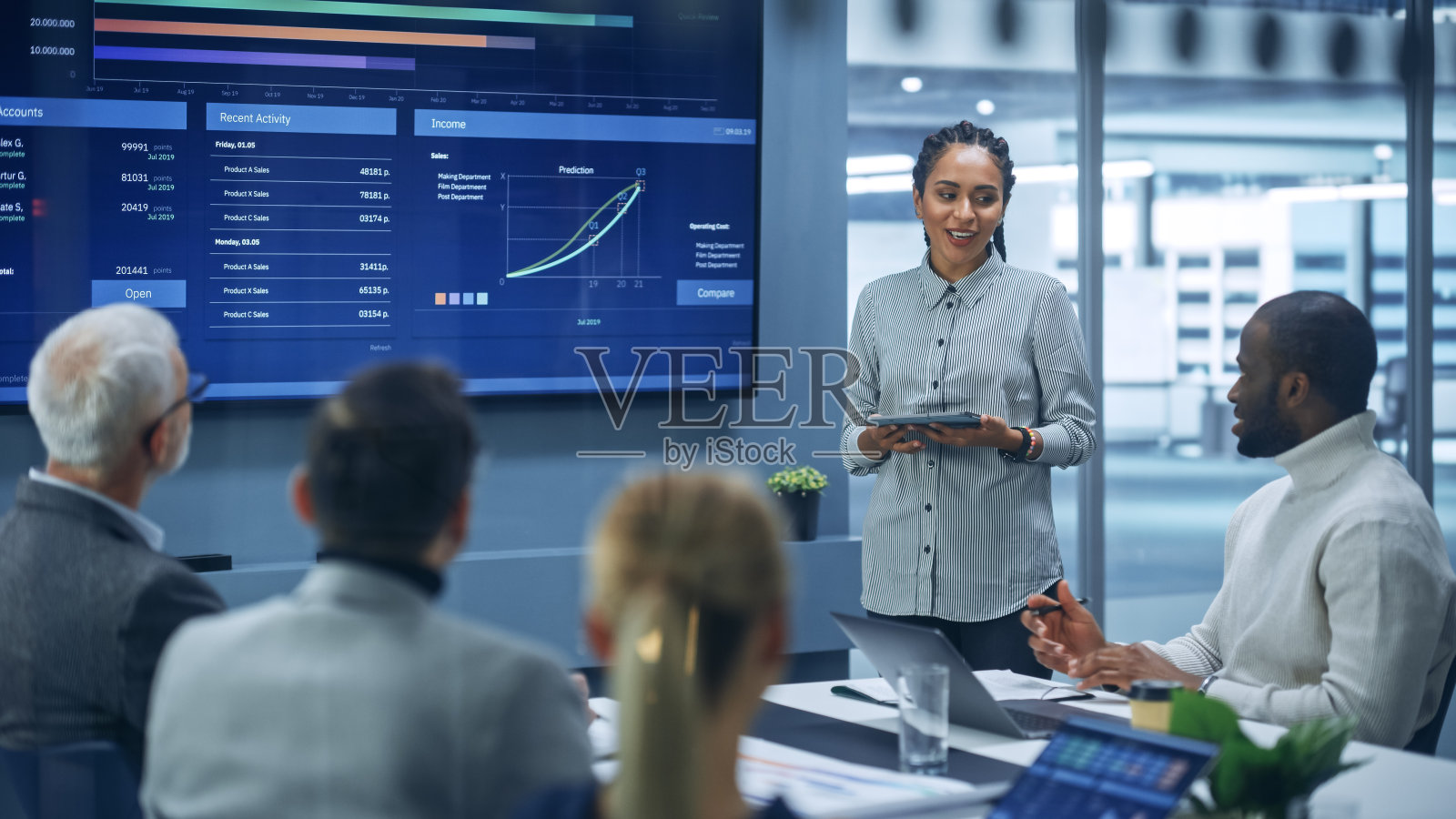 多样化的现代办公室:成功的黑人女性数字企业家使用电视屏幕与大数据，统计，谈论公司增长，与投资者，高级经理，高管讨论战略照片摄影图片