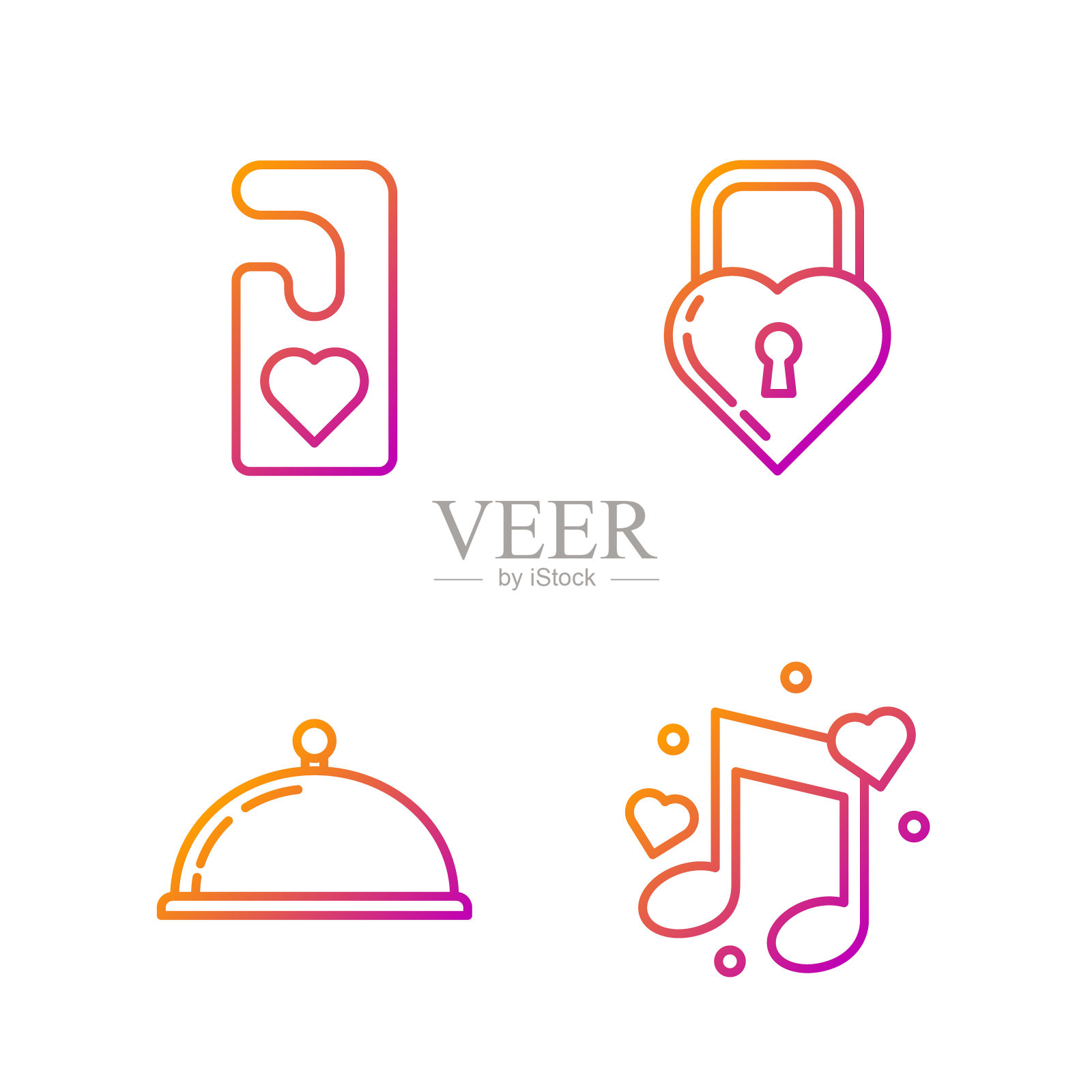 音乐的音符，心的音调，覆盖着一盘食物，请不要打扰心和城堡的形状心。渐变颜色图标。向量图标素材