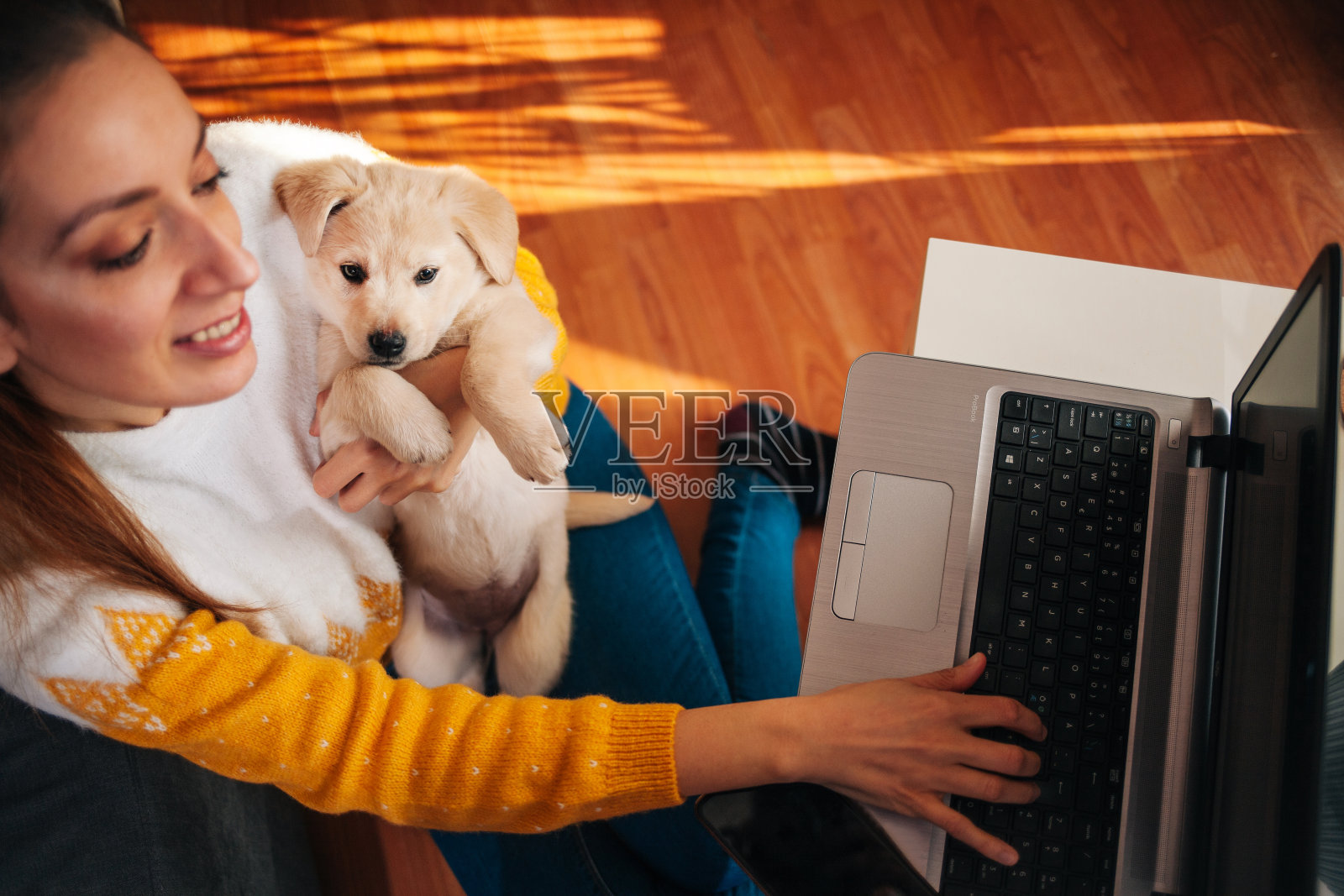 女人在家里用笔记本电脑工作，宠物狗陪着她照片摄影图片