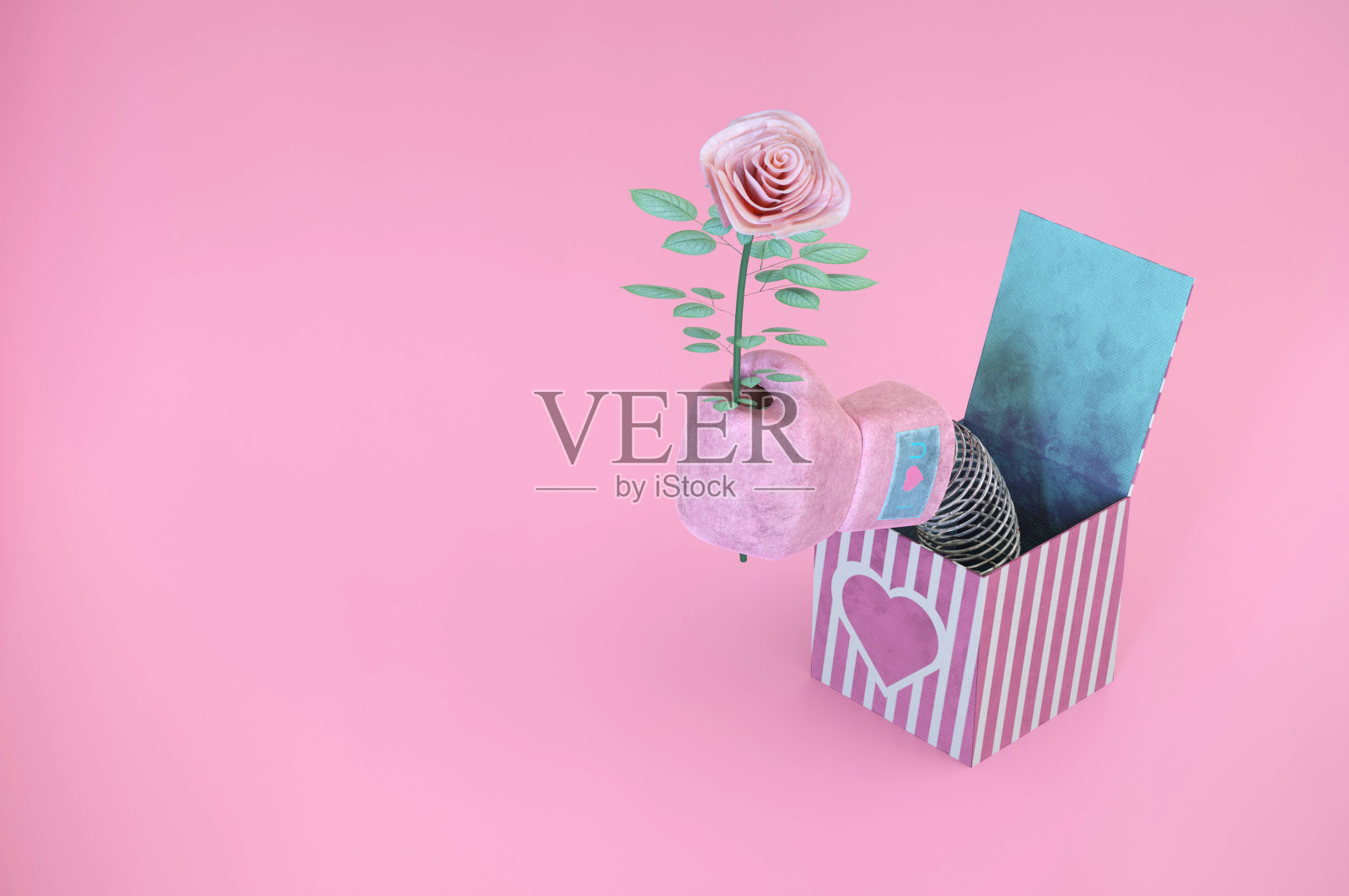 3 d演示。一个装着拳击手套和鲜花的惊喜盒子照片摄影图片