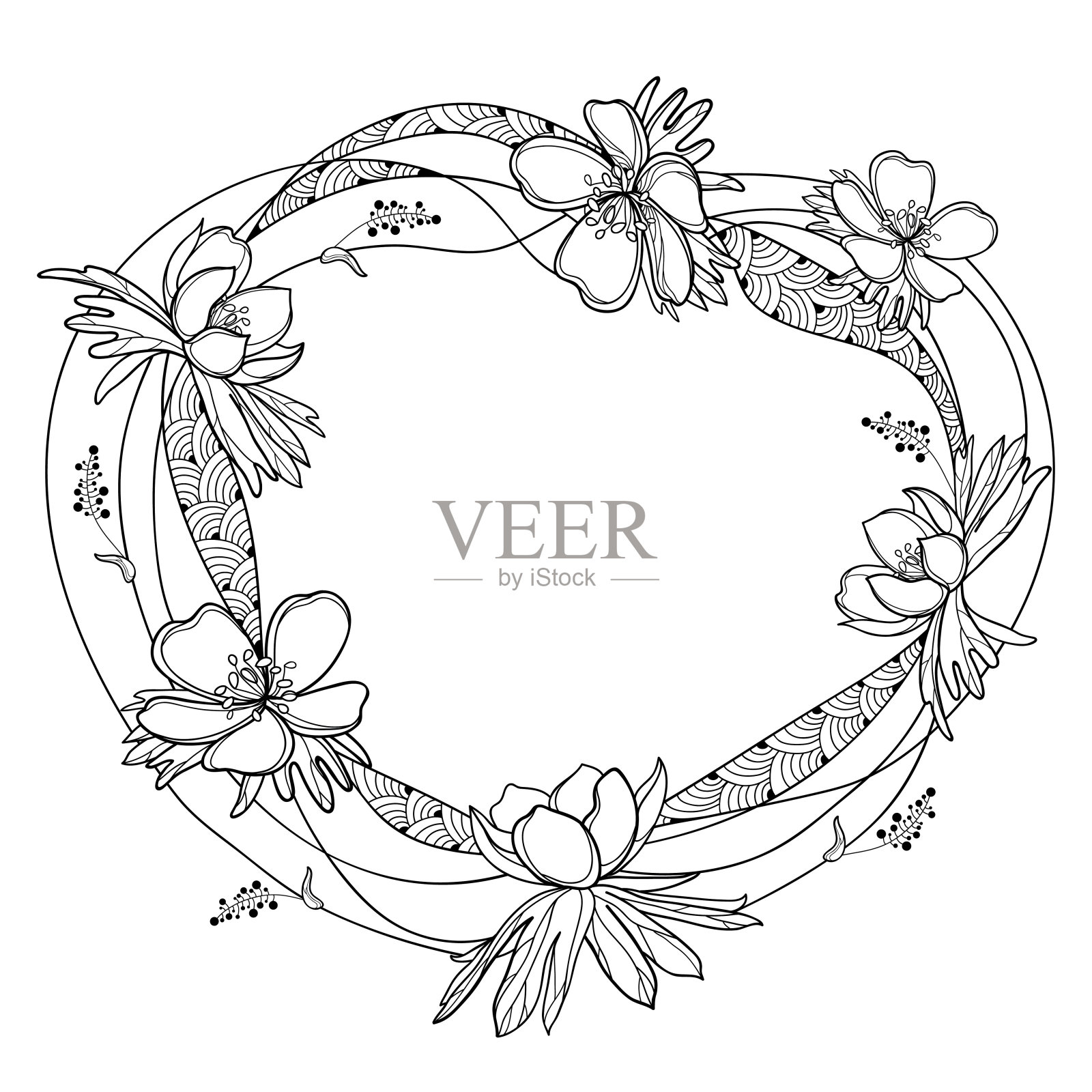 圆形框架与轮廓Eranthis或冬季乌头花和叶在黑色孤立在白色背景上。插画图片素材