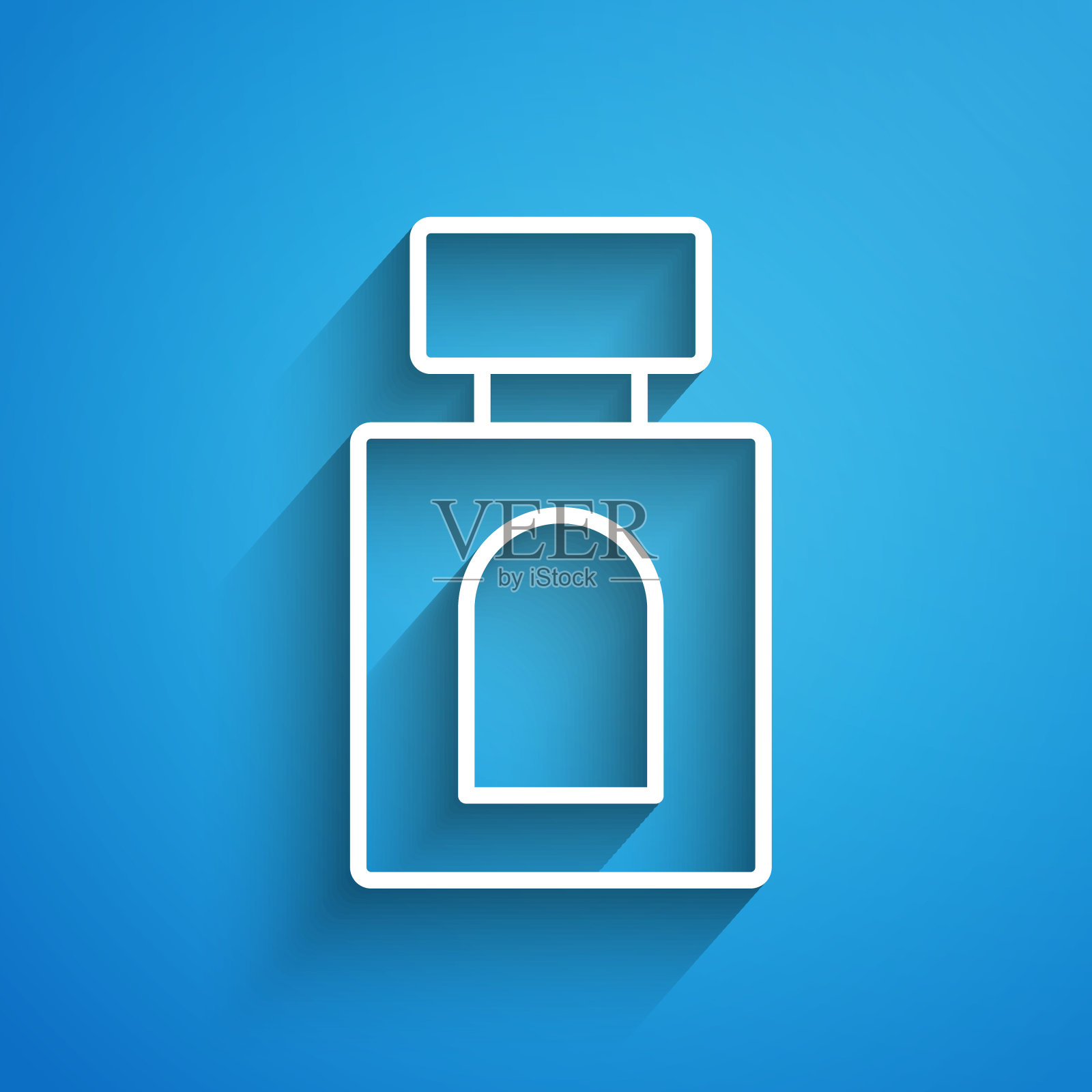 白线须后水图标孤立在蓝色背景上。香水喷雾图标。男性香水瓶子。长长的阴影。向量插画图片素材