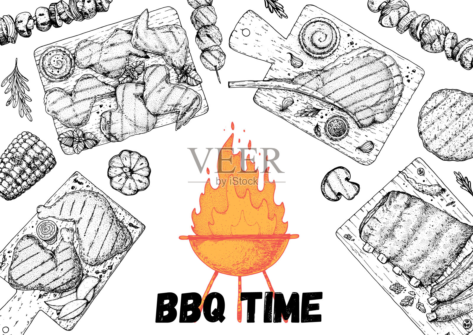 烧烤速写。菜单设计模板。烤肉和蔬菜架。矢量插图。雕刻设计。手绘插图。插画图片素材