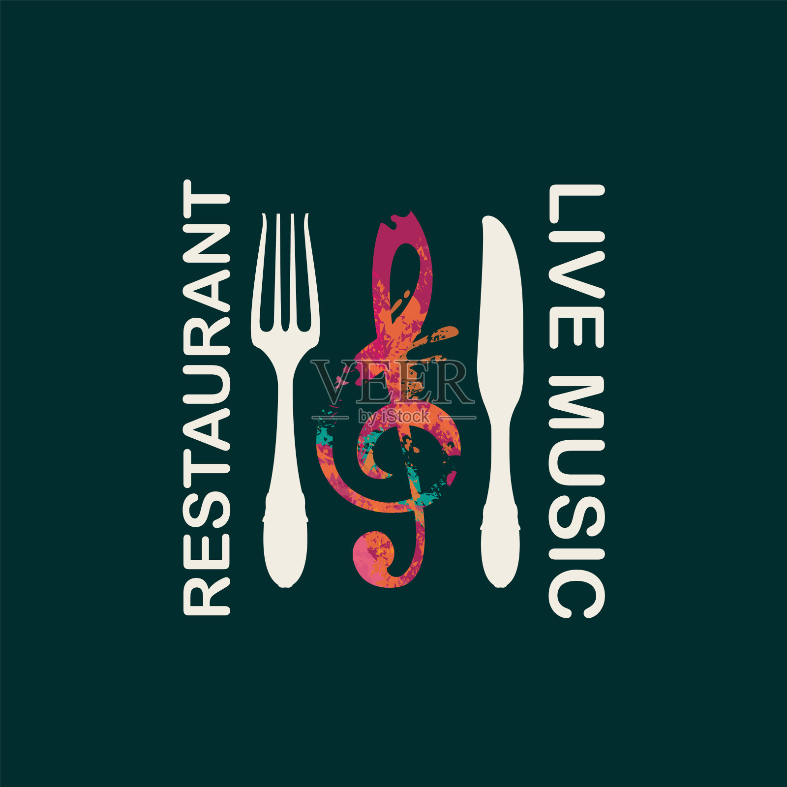 音乐餐厅菜单与高音谱号和餐具插画图片素材