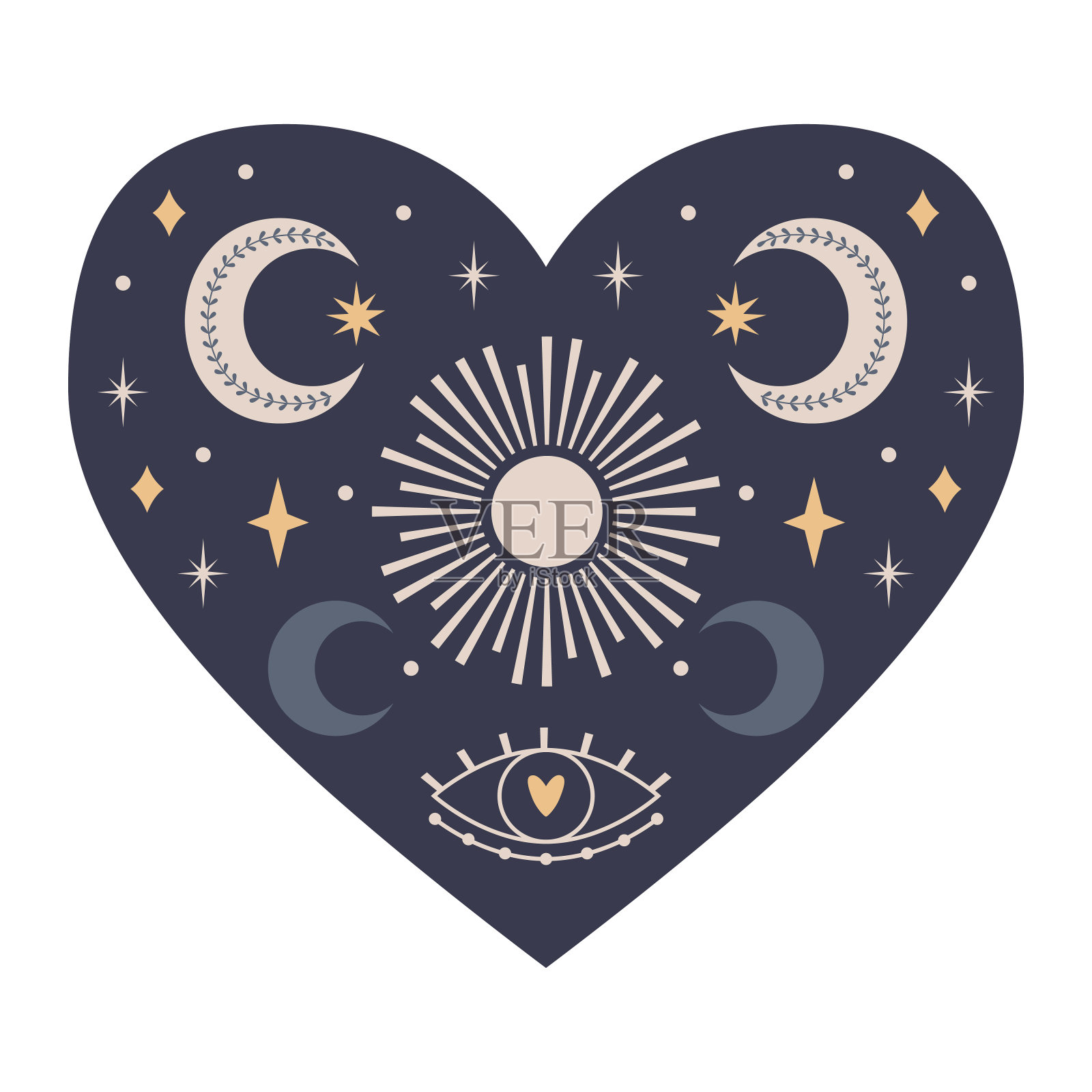 对称的神秘之心与天体和波西米亚元素，月亮，太阳，星星，眼睛。装饰元素为情人节贺卡，包装设计。彩色矢量插图孤立在白色。插画图片素材