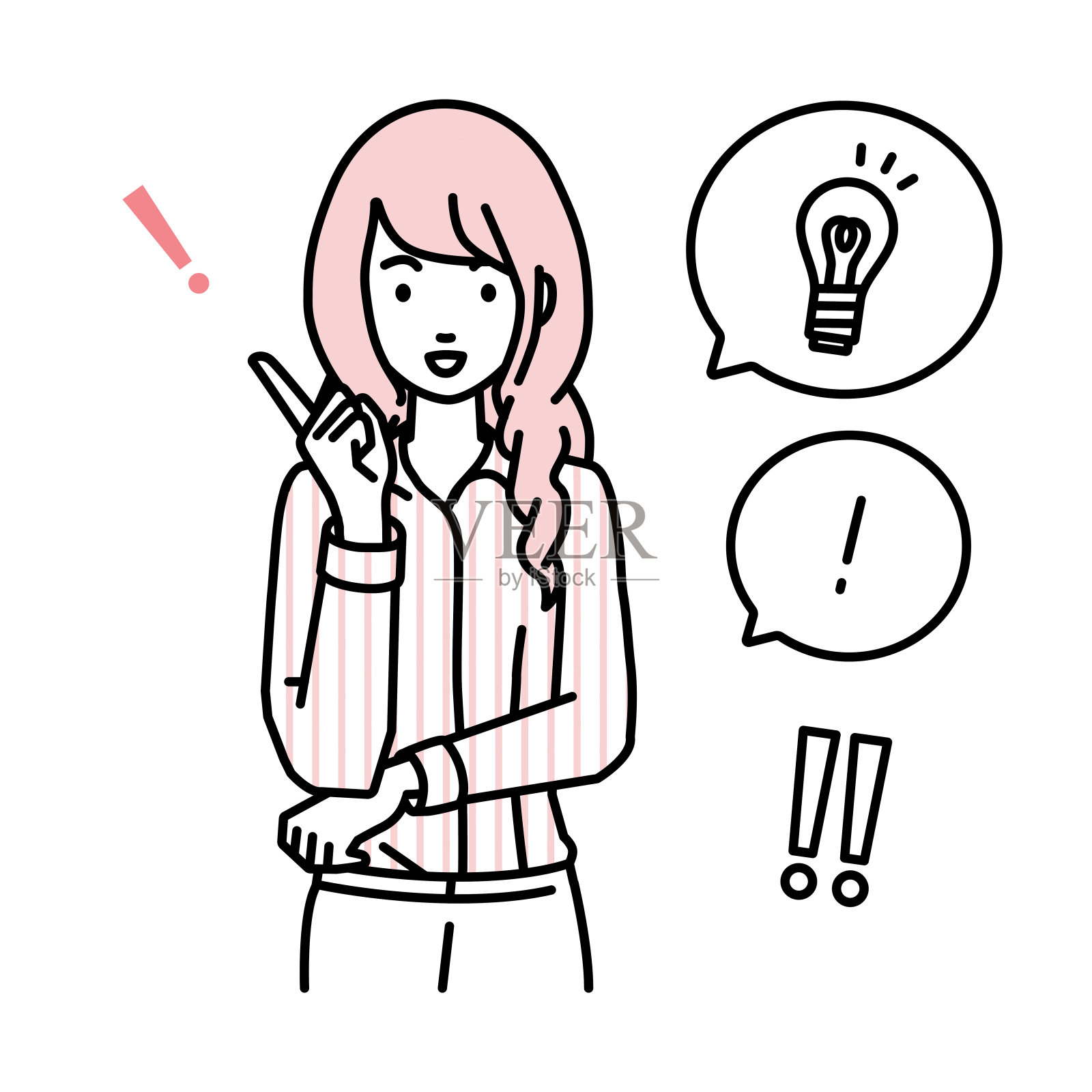 一个穿着衬衫的工作风格的女人得到了一个伟大的想法站在指向手势灯泡和感叹号设置插画图片素材