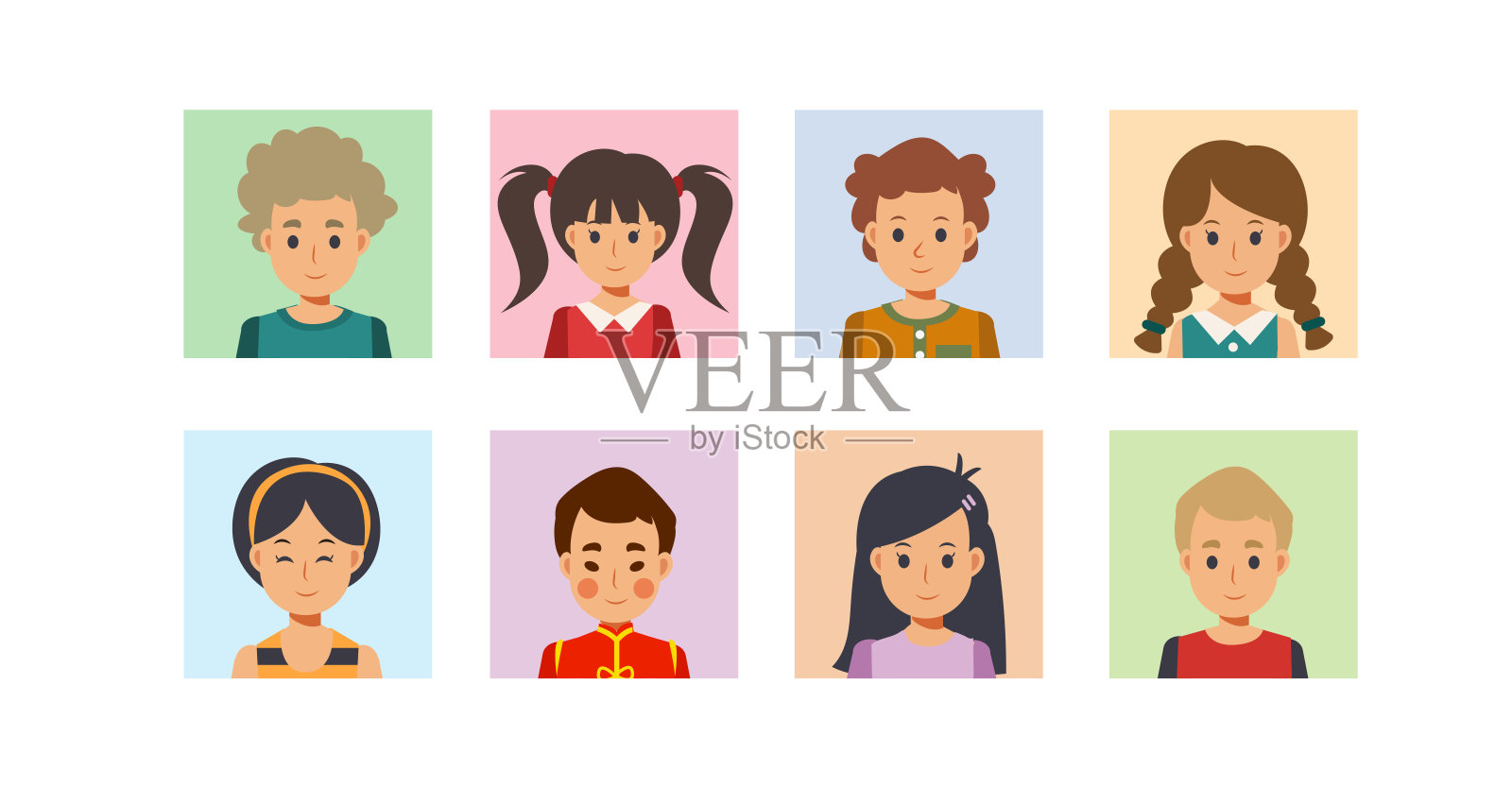 广场上不同的男孩和女孩的头像。平面矢量卡通人物插图。插画图片素材