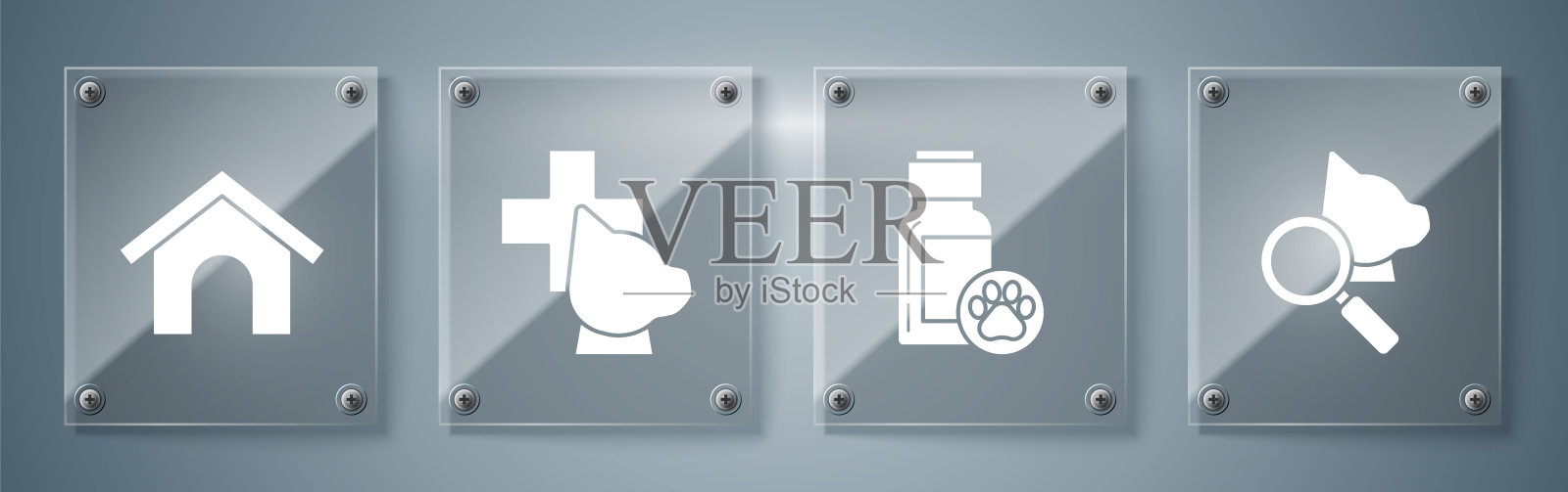 设置兽医诊所标志、狗药瓶、兽医诊所标志和狗屋。方形玻璃面板。向量插画图片素材