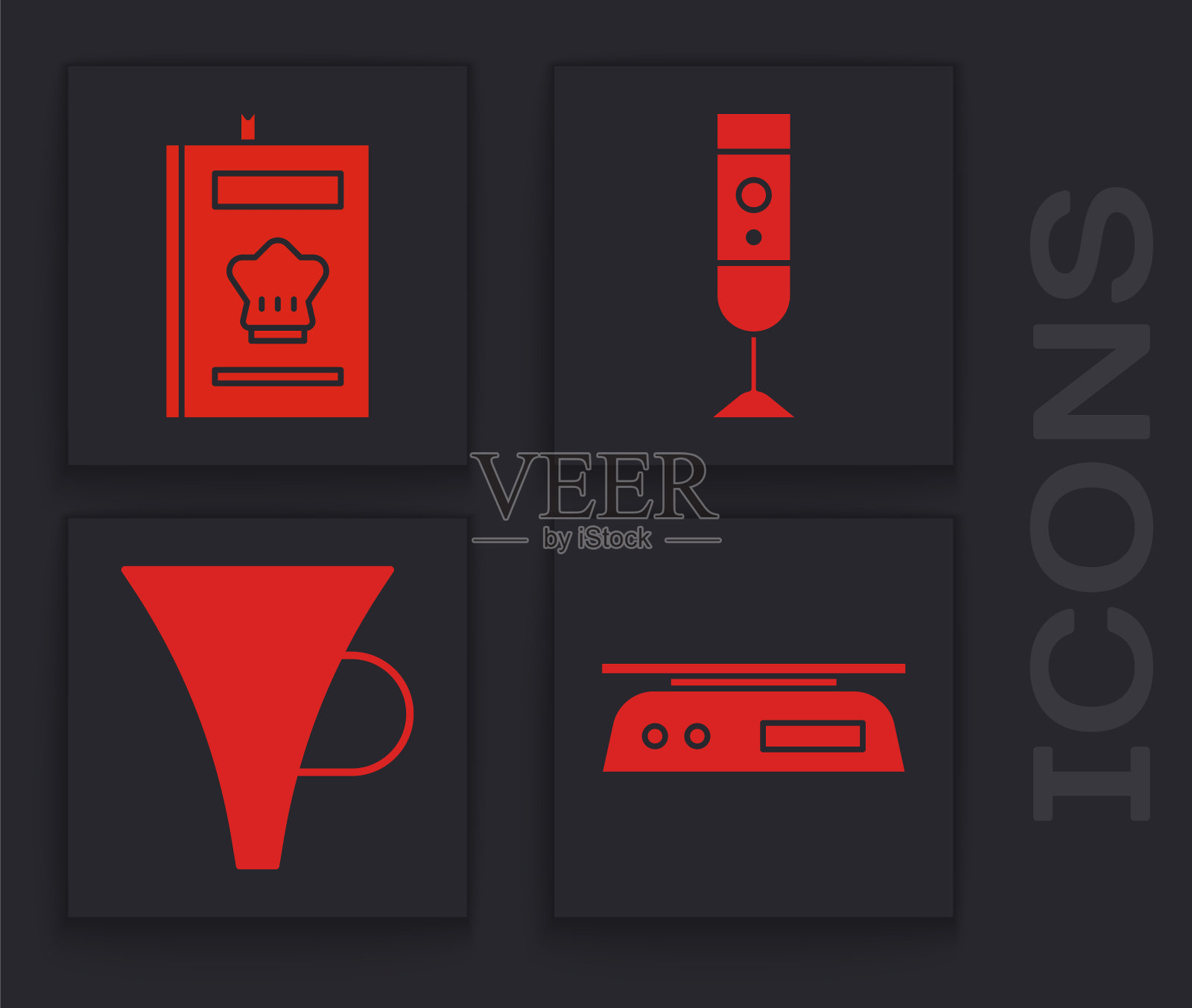 设置电子秤，烹饪书，搅拌机和漏斗或过滤器图标。向量图标素材
