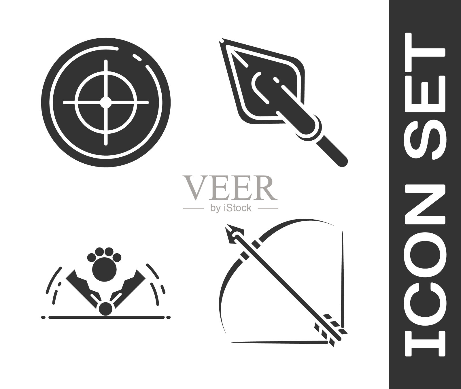 设置弓和箭在箭袋，射击比赛的目标运动，陷阱狩猎和Hipster箭头提示图标。向量图标素材