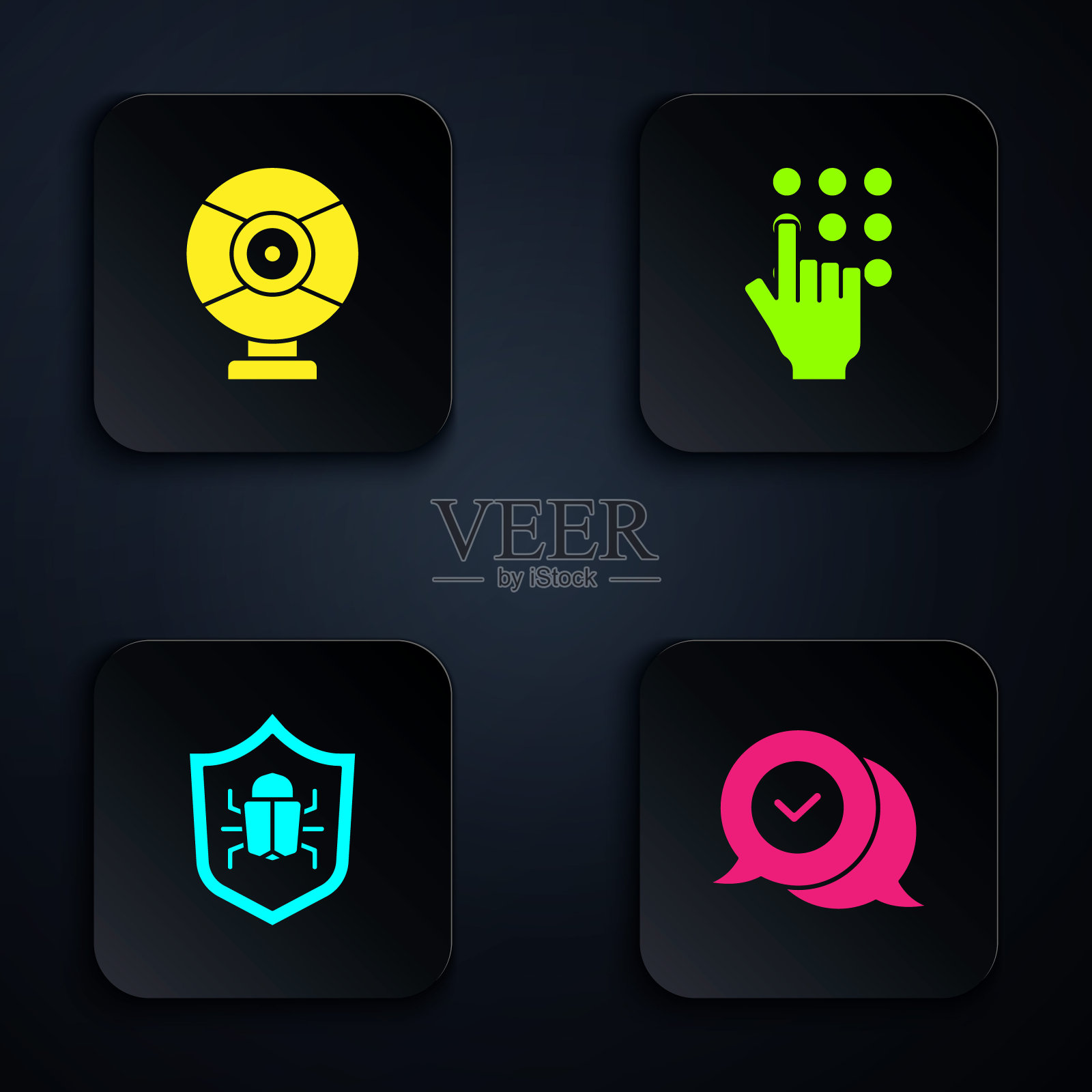 在语音气泡、安全摄像头、系统bug和密码保护中设置检查标记。黑色方形按钮。向量图标素材