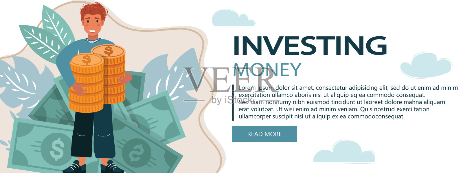 拿着巨大的金元硬币的人的卡通矢量插图。赚钱、存钱、投资的观念。白色背景上的人物性格。插画图片素材