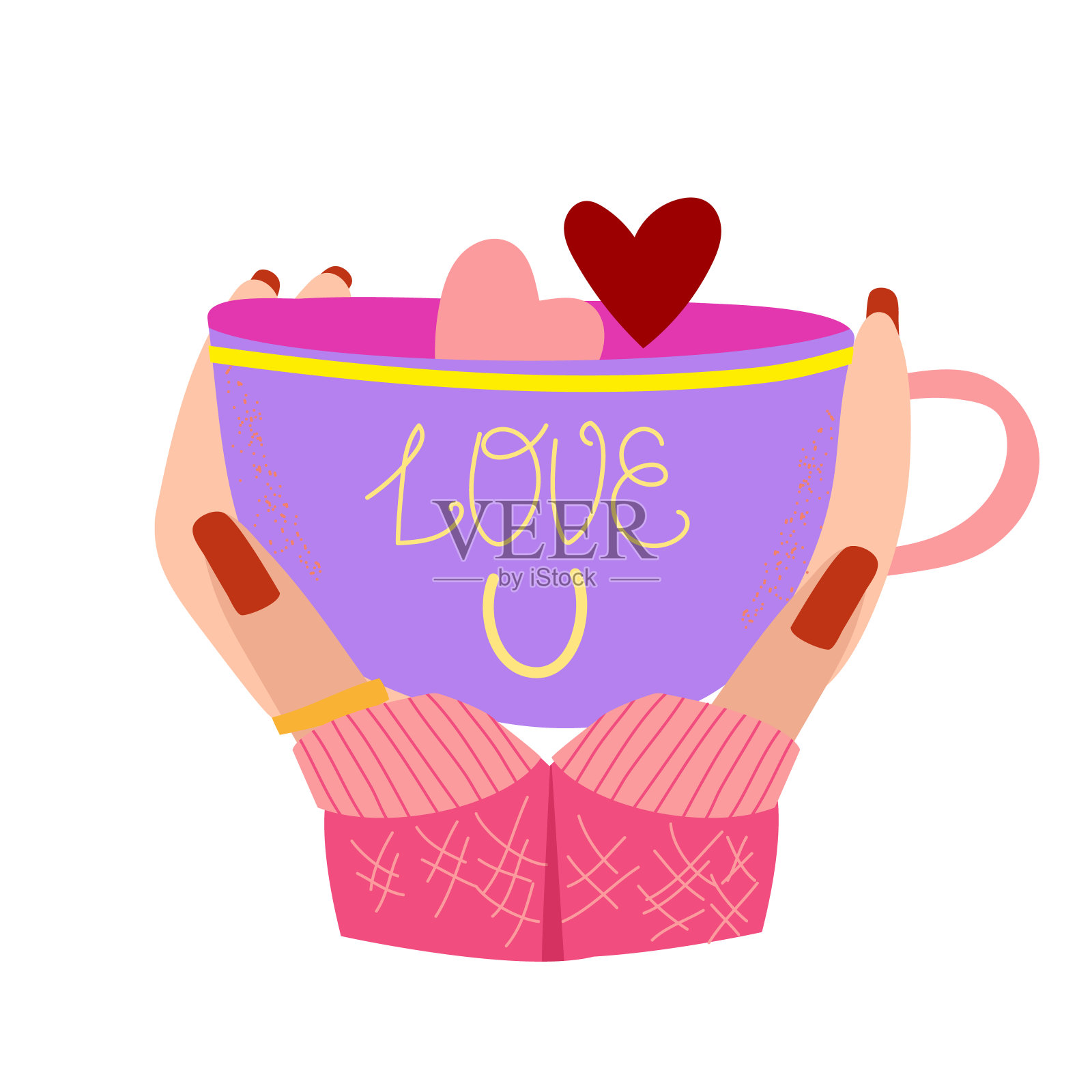 手握一个杯子的插图与心在白色孤立的背景插画图片素材