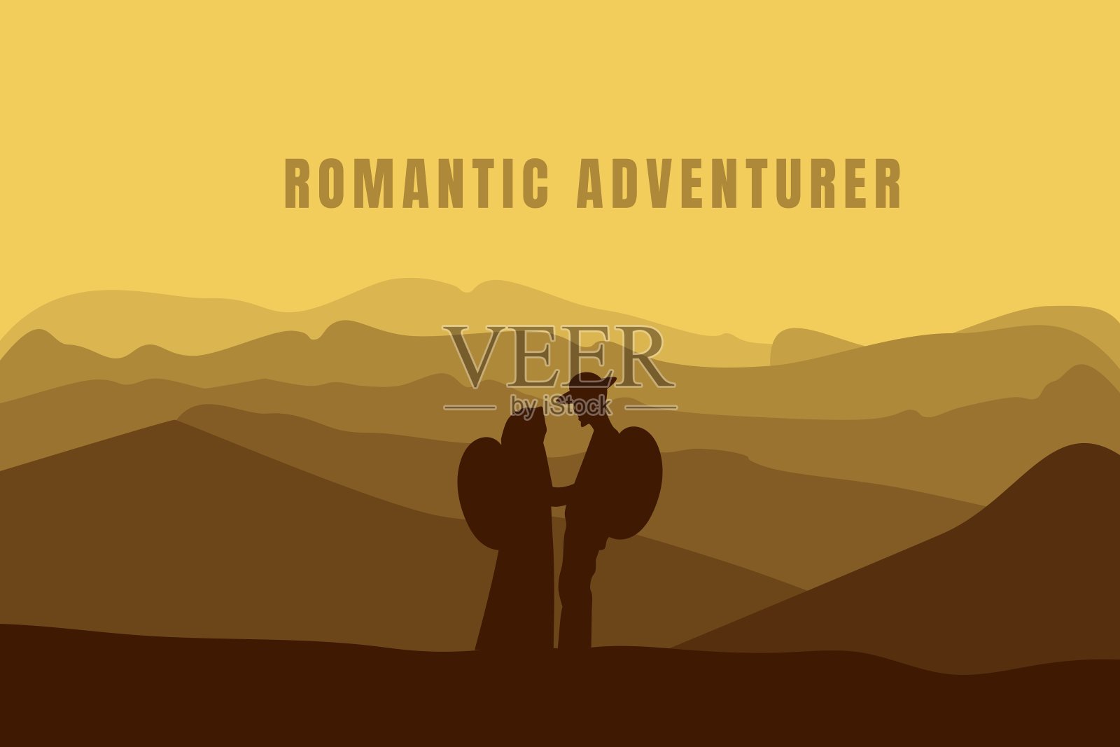 一对登山者的剪影，在群山的背景下，站在山顶上。浪漫的概念插画图片素材