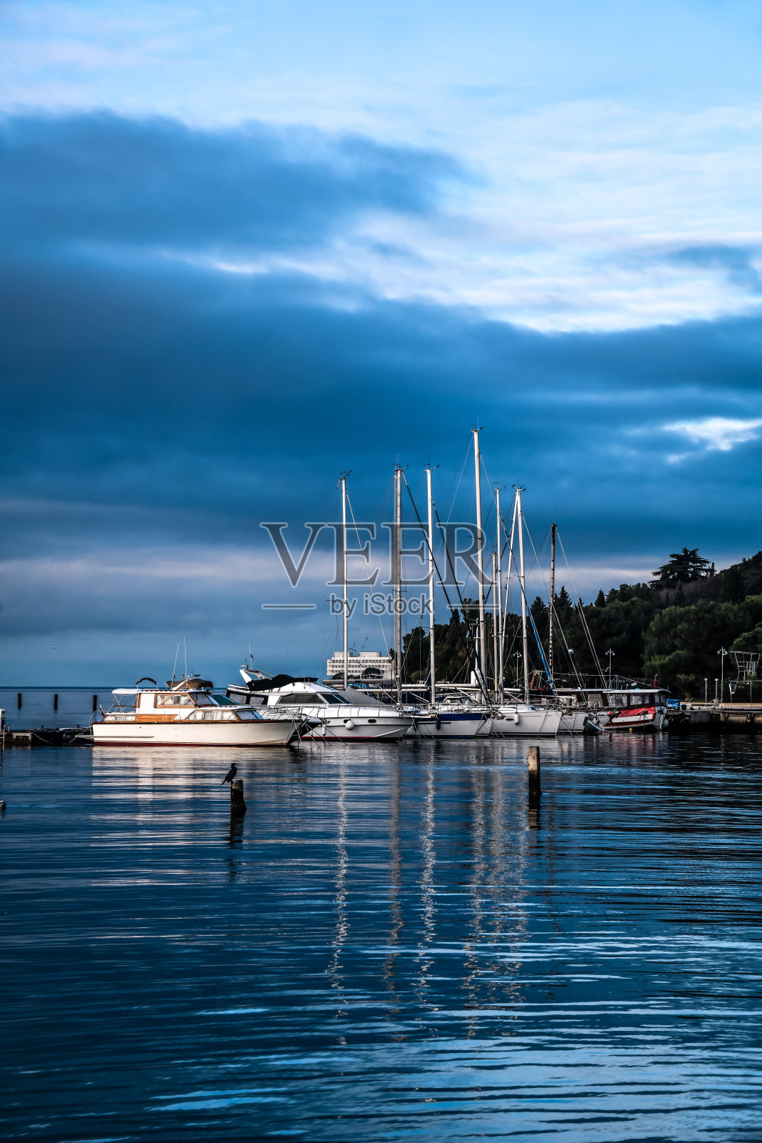 停泊在亚得里亚海沿岸码头的船只，斯洛文尼亚照片摄影图片