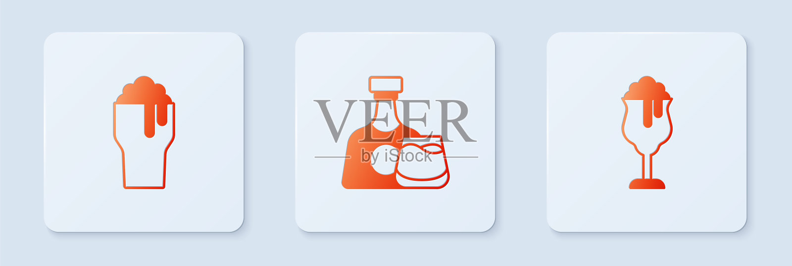 设置威士忌酒瓶和玻璃杯，啤酒和。白色正方形按钮。向量插画图片素材