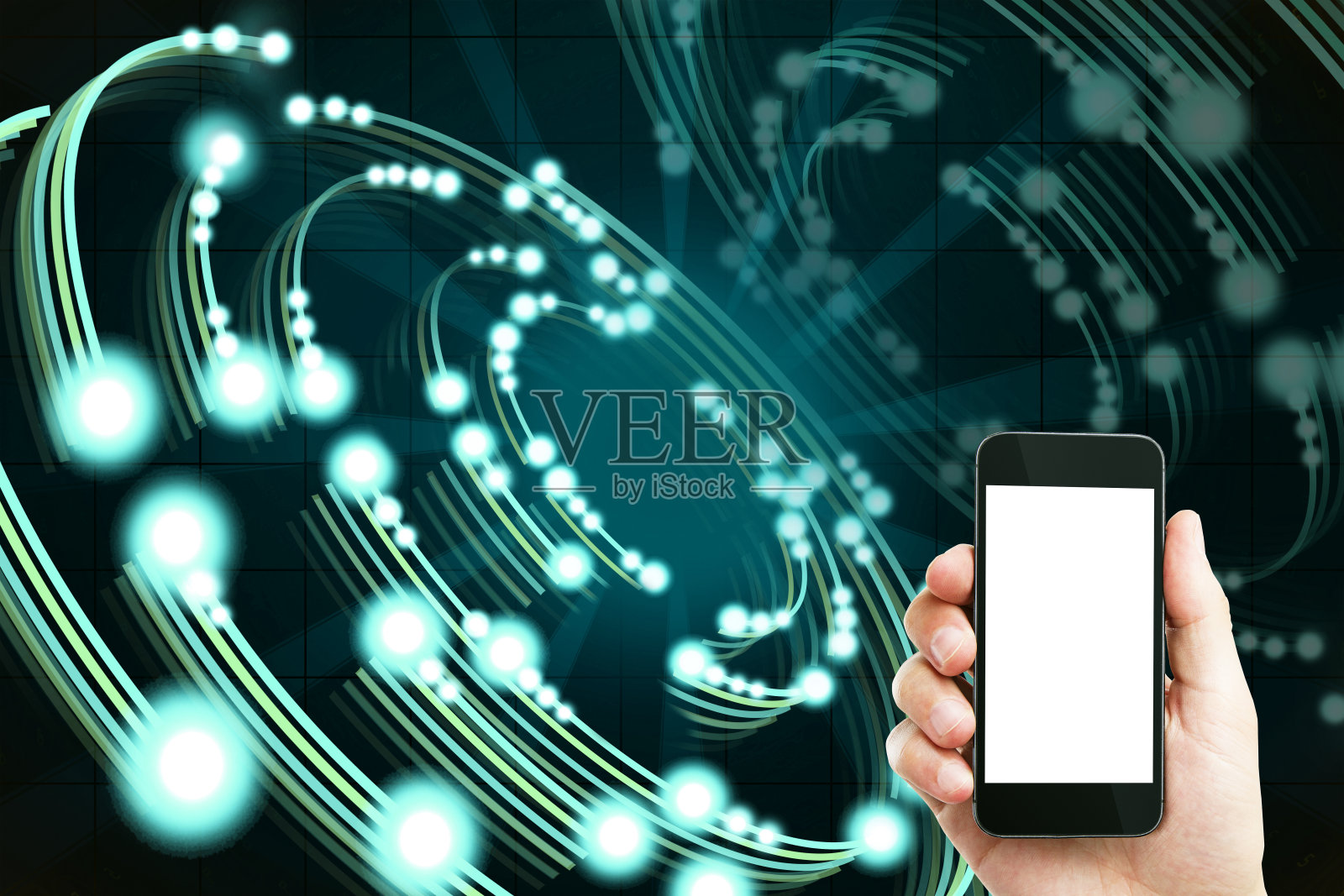 近的手拿空的模拟智能手机与创意圆形光背景。技术火奴鲁鲁，创新未来理念。照片摄影图片